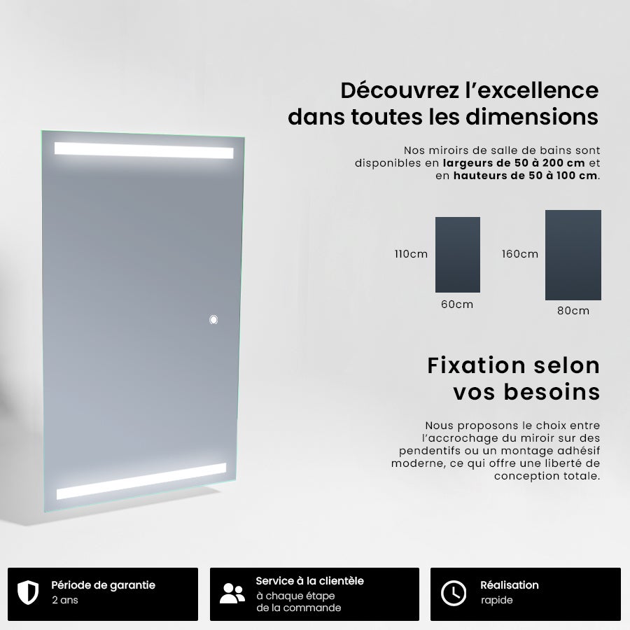 Miroir de Salle de Bain LED - Tessa | 70x120 cm | LED Lumineux Miroir | Blanc Froid 7000K | Interrupteur Tactile - 7