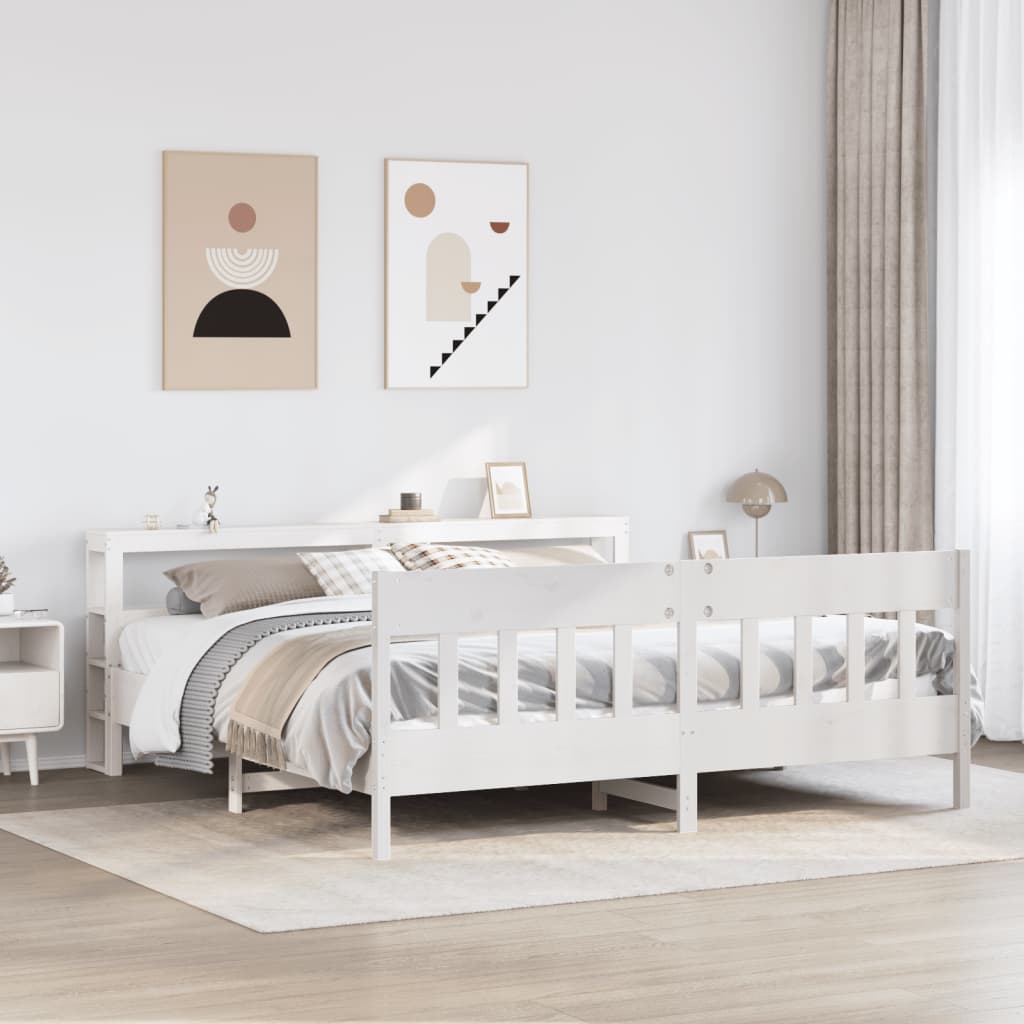Łóżko Drewniane z Regałem Rama Łóżka Ze Stelażem Biała 180x200 cm