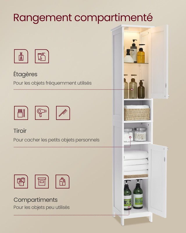 Armoire de Salle de Bain Haute avec Éclairage, avec Étagères Réglables, Compartiments Ouverts, Blanc Nuage - 4