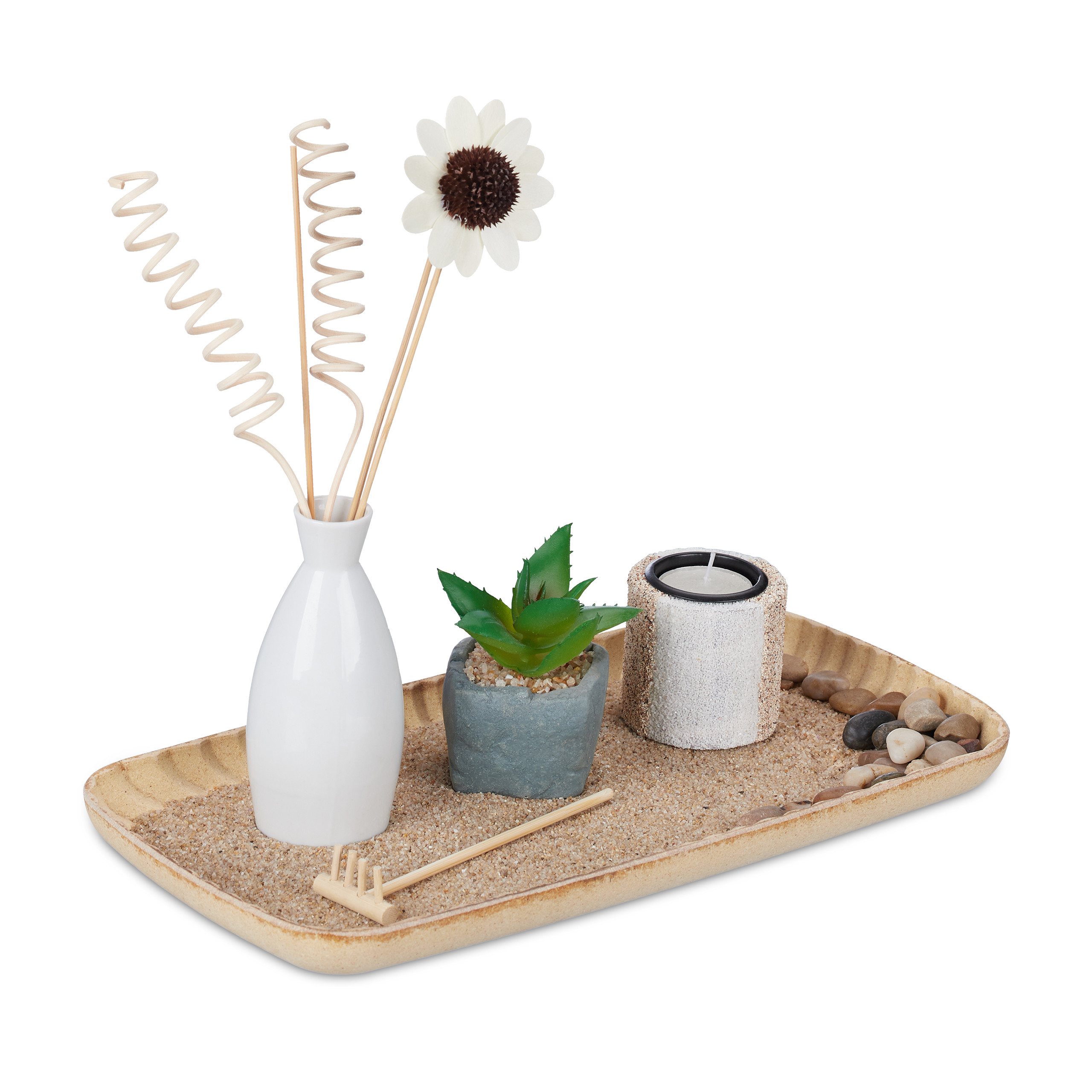 Relaxdays portavelas jardín zen, bandeja para velas, arena y piedras, planta artificial, decoración de hogar, multicolor