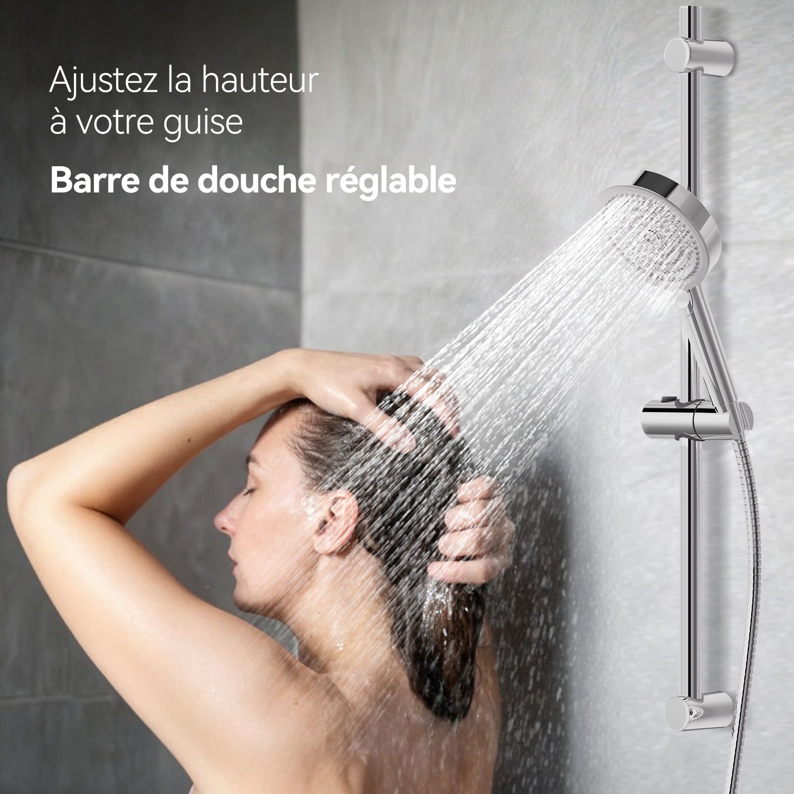 Barre de Douche Réglable,Barre Douch Acier Inoxydable 57cm Avec Support Réglable en Hauteur et en Angle,Chromé,71cm de Hauteur Totale - 7