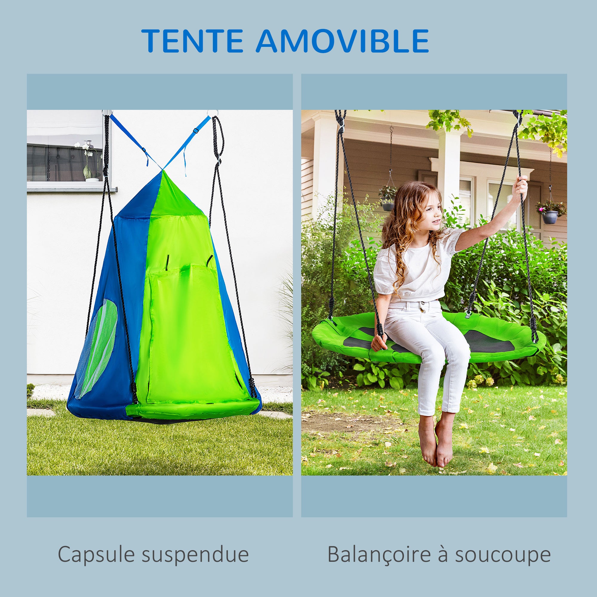 Balançoire nid d'oiseau avec tente amovible - Vert et Bleu - 4