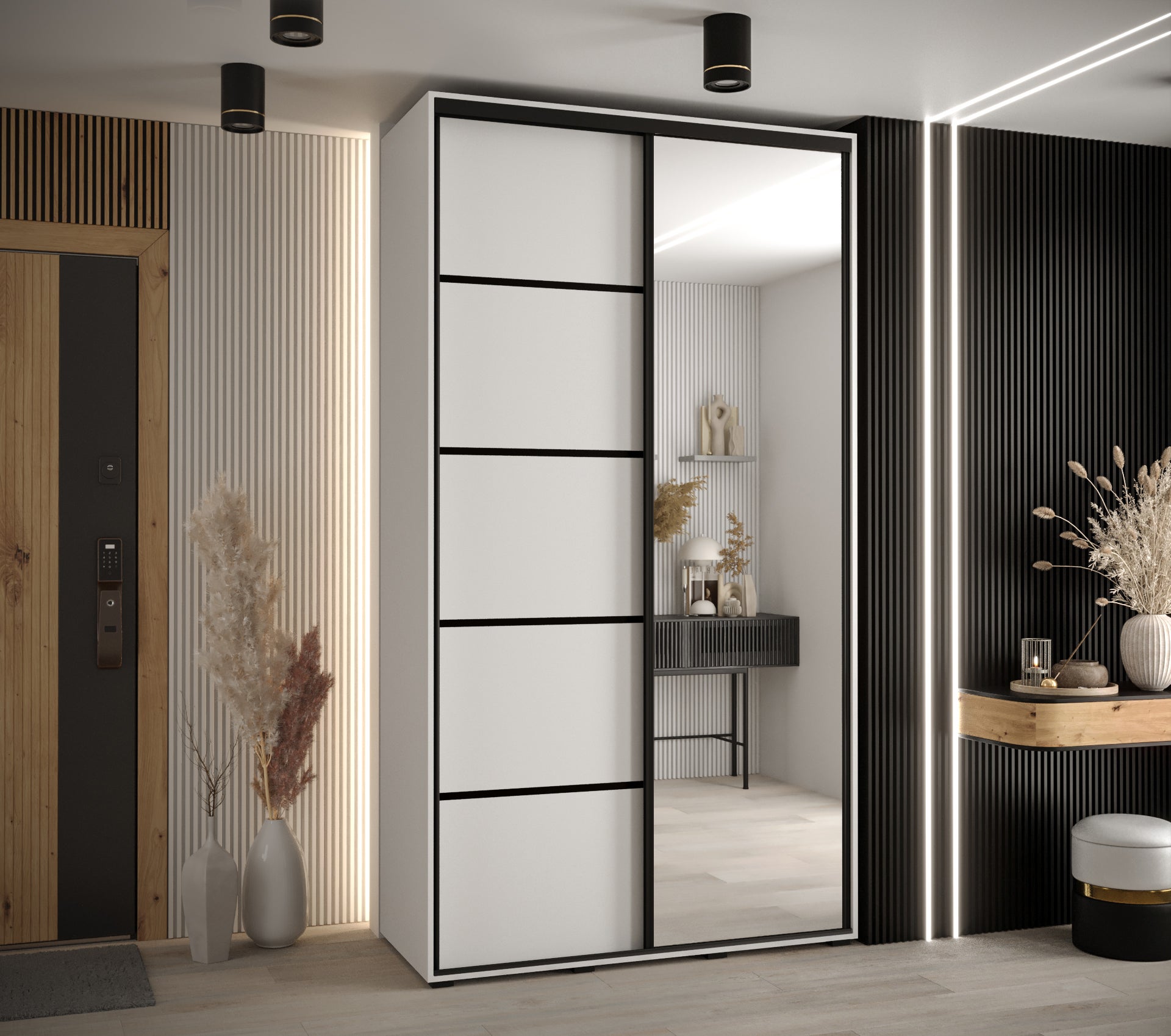 Szafa przesuwna z lustrem wysoka Davos 5 130 x 60 x 235,2 cm biały + biały + u. czarny - Abiks Meble - 2