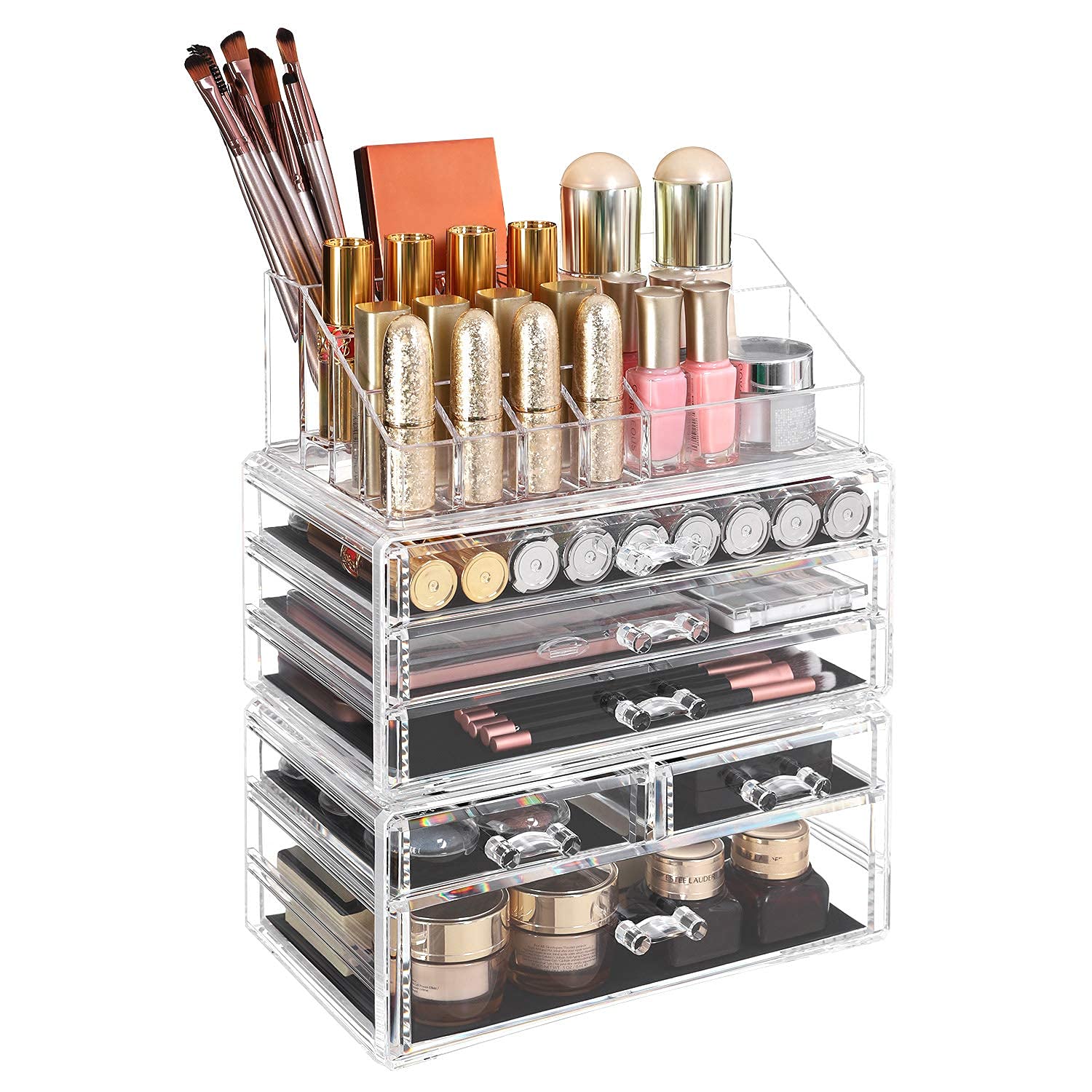 Organizador de maquillaje acrílico grande - caja de cosméticos apilable con 6 cajones para paletas, cepillos, labiales y esmaltes, transparente