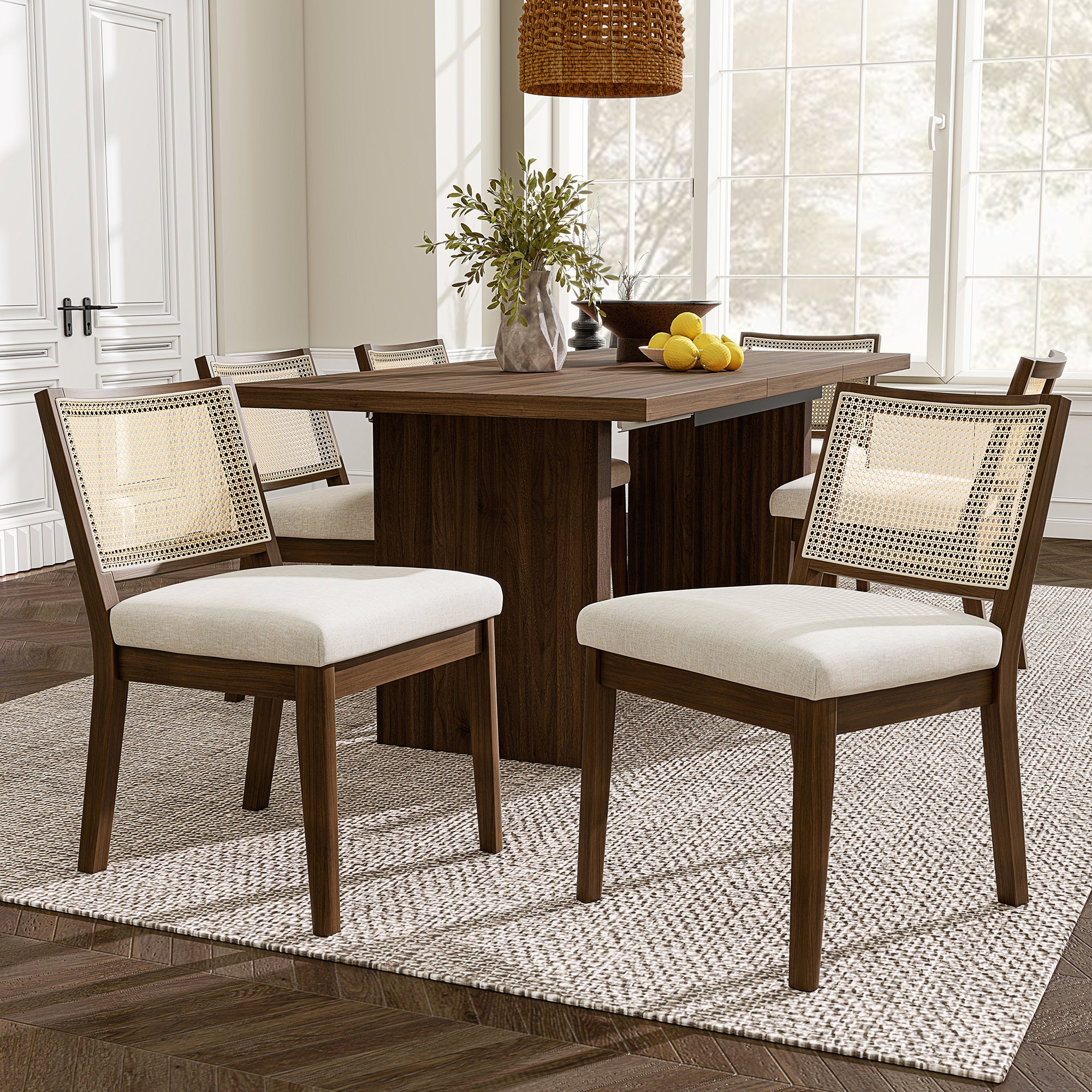 Lot de 6 chaises en bois massif - Dossiers en rotin - Coussins d'assise en lin - Couleur noyer