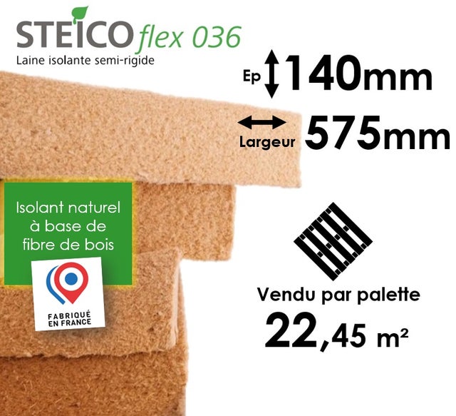 LAINE DE BOIS STEICO FLEX 36 - EPAISSEUR 140MM (R=3,85) - DIMENSIONS 575MM x 1220MM - PALETTE ENTIÈRE 22,45M²