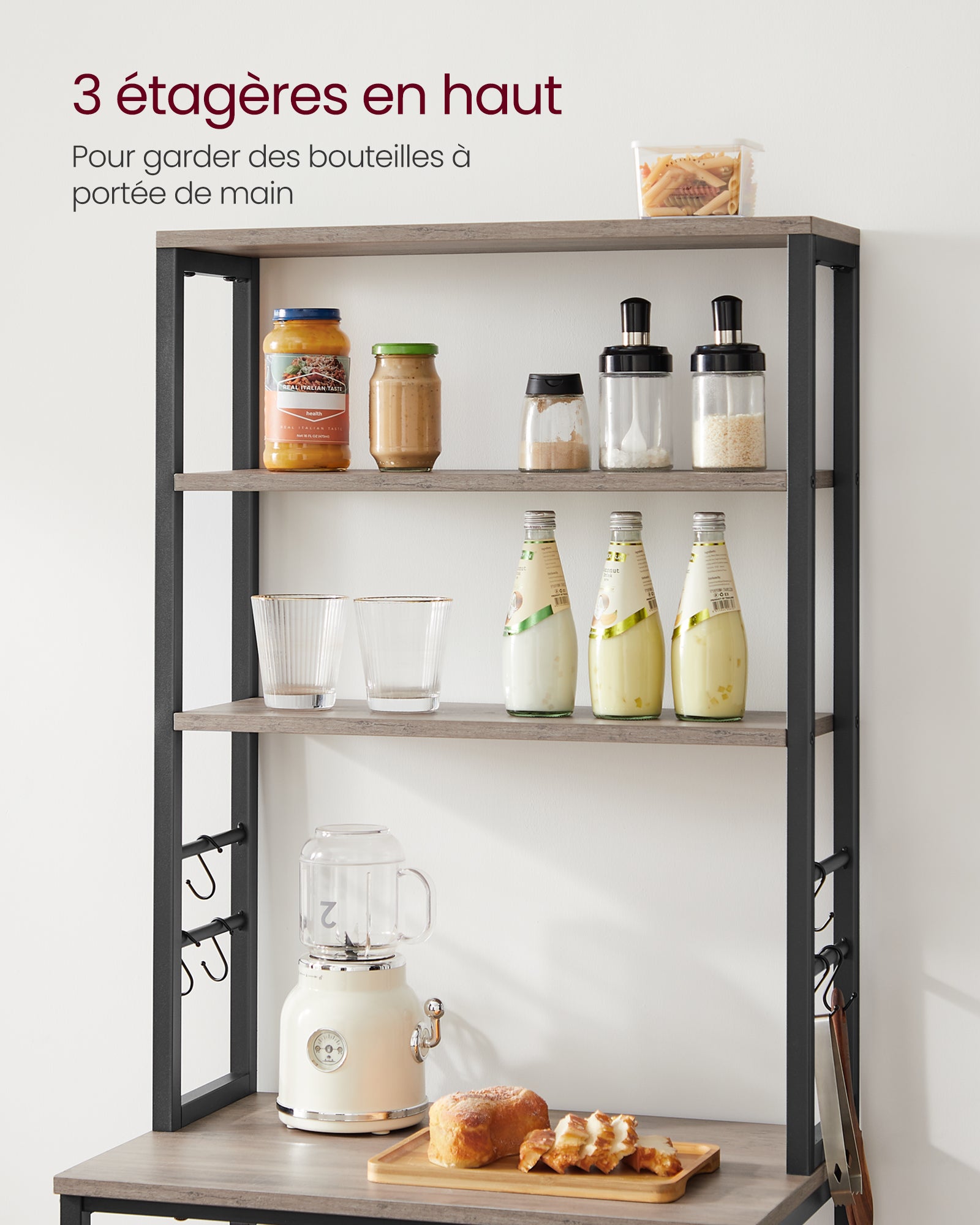 Étagère de Cuisine, 6 Étagères et 6 Crochets, pour Four à Micro-Ondes, Style Industriel, 40 x 60 x 167 cm, Gris et Noir - 3