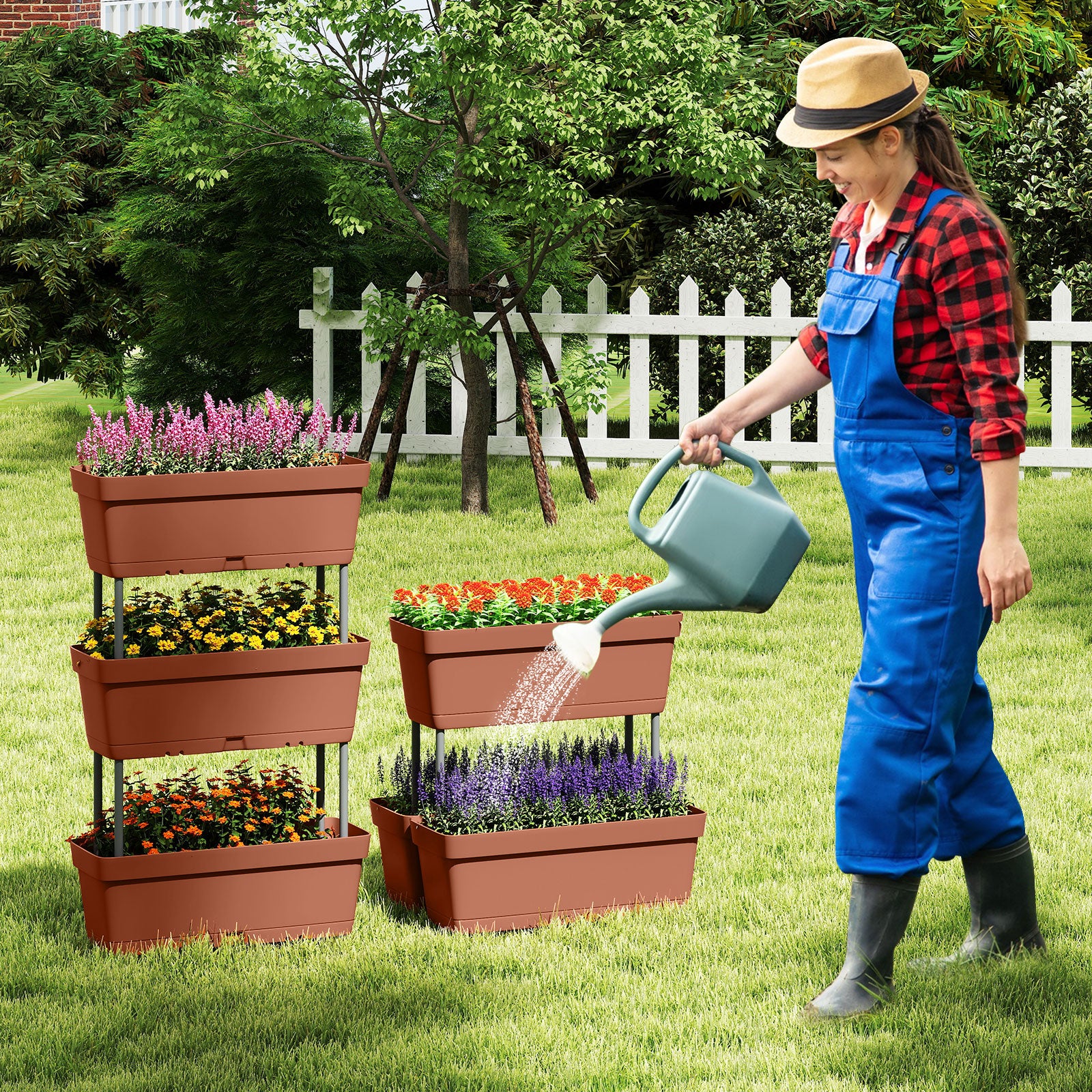 Jardinière Surélevée Vertical avec 6 Bacs de Plantation Trous de Drainage, Lit de Jardin Arrangement DIY pour Fruits Légumes Fleurs Herbes, Marron - 2