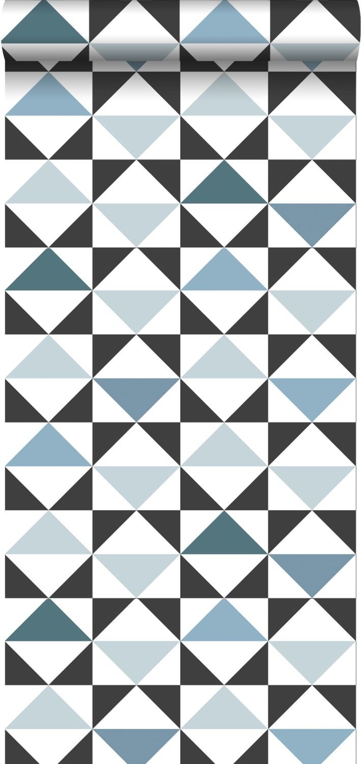 Papel pintado triángulos gráficos blanco, negro, azul vintage y azul claro - 0,53 x 10,05 m - estahome