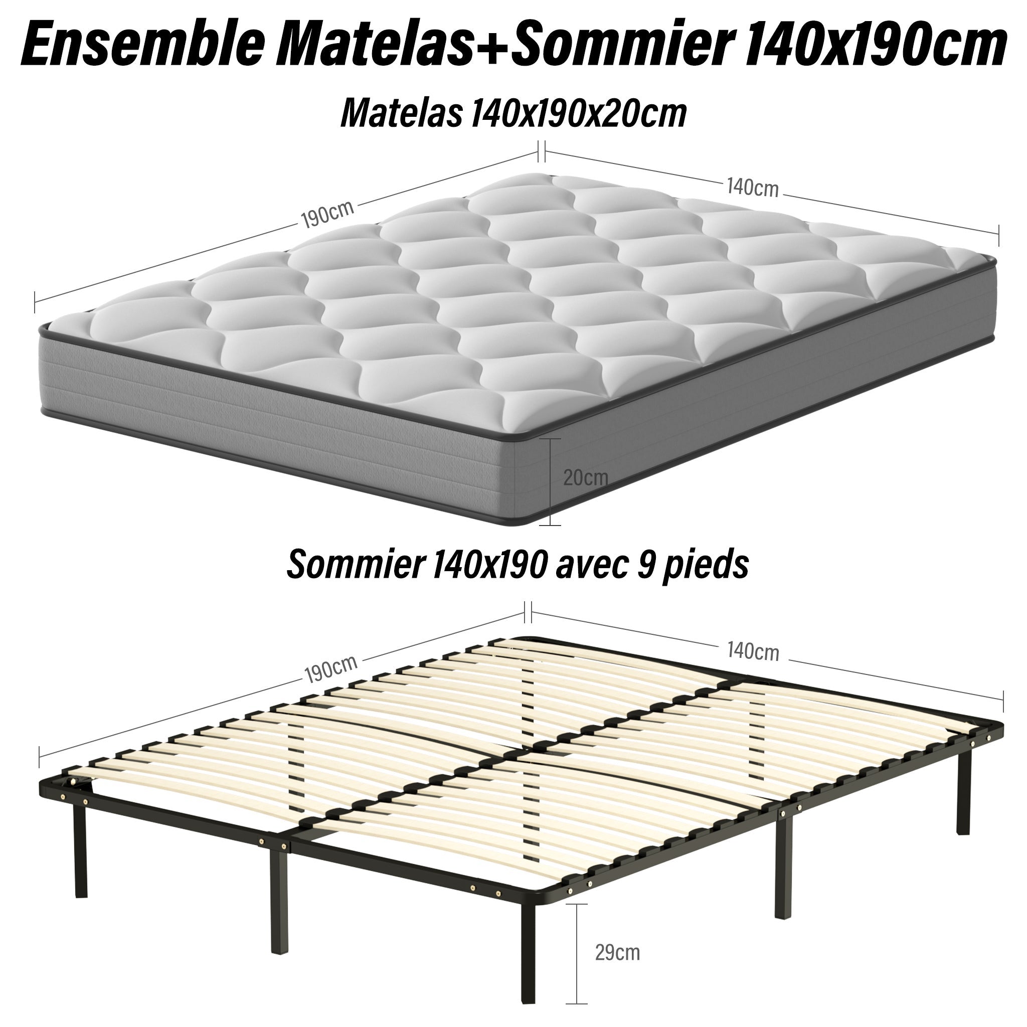TEENO Ensemble 140x190cm Matelas à ressorts +Sommier à Lattes sur Pieds, Epaisseur du Matelas 20cm - 2