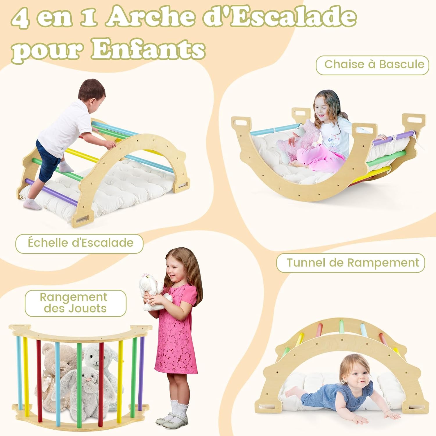 4 en 1 Arche d’Escalade en Bois Enfants avec Coussin Moelleux, Arche à Bascule, Charge 50KG, 3 Ans+ - 2