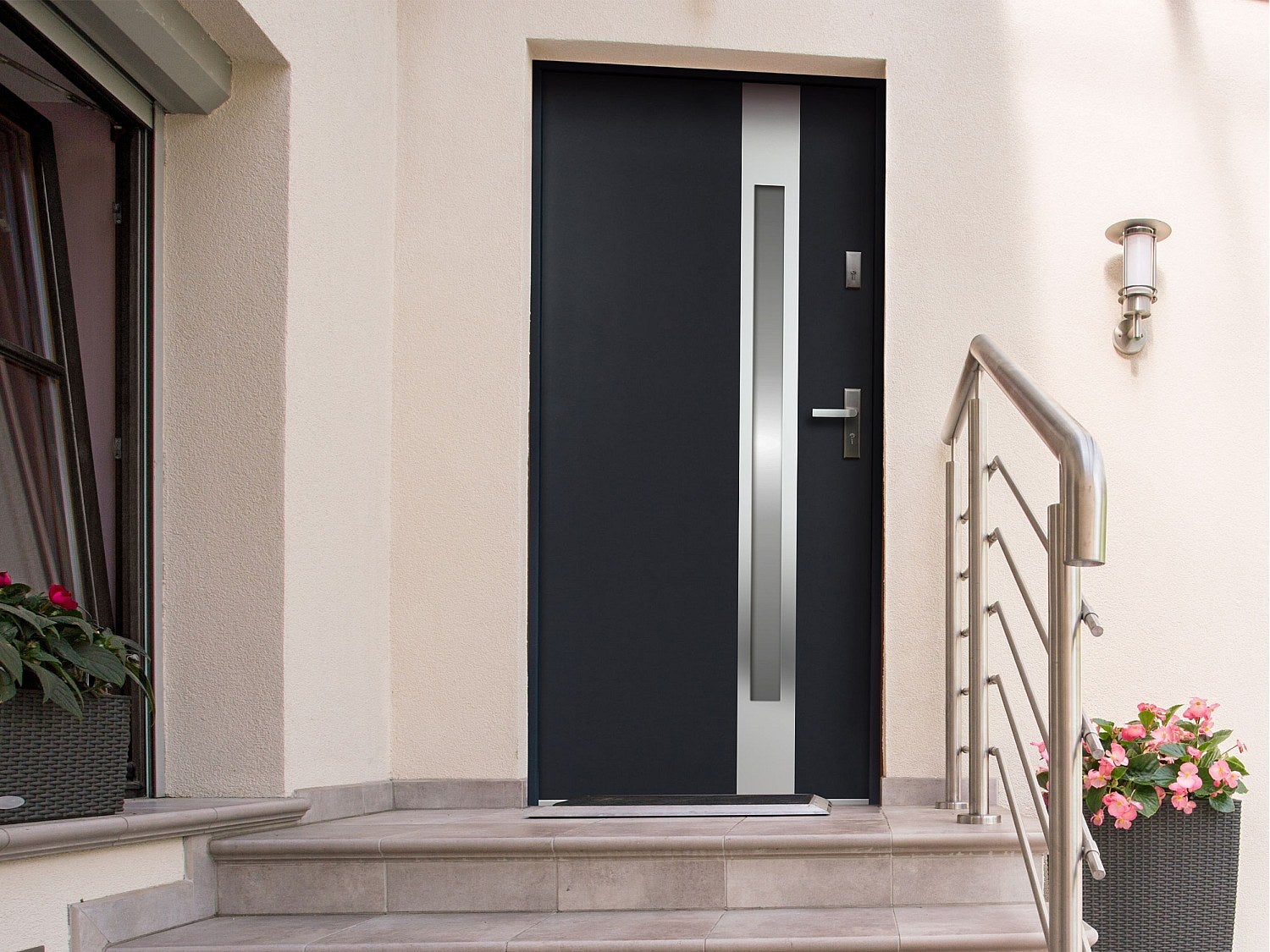 Drzwi wejściowe ze stali nierdzewnej, z przeszkleniami, 207&amp;nbsp;×&amp;nbsp;100 cm (wys. × szer.), kolor antracytowy – skrzydło lewe - BRAGA