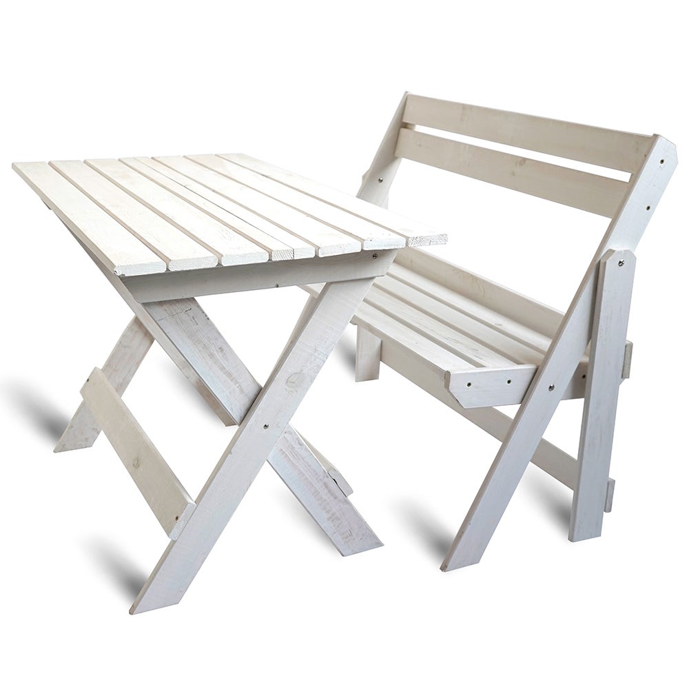 Stół i krzesła ogrodowe ławka drewniana zestaw na grilla 105cm bielony