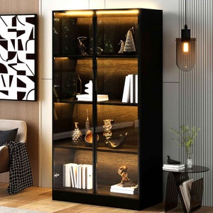 Vitrine En Verre Noir Avec LED – 3 étagères Réglables + Tiroir – Pour Collection, Livres, Parfums