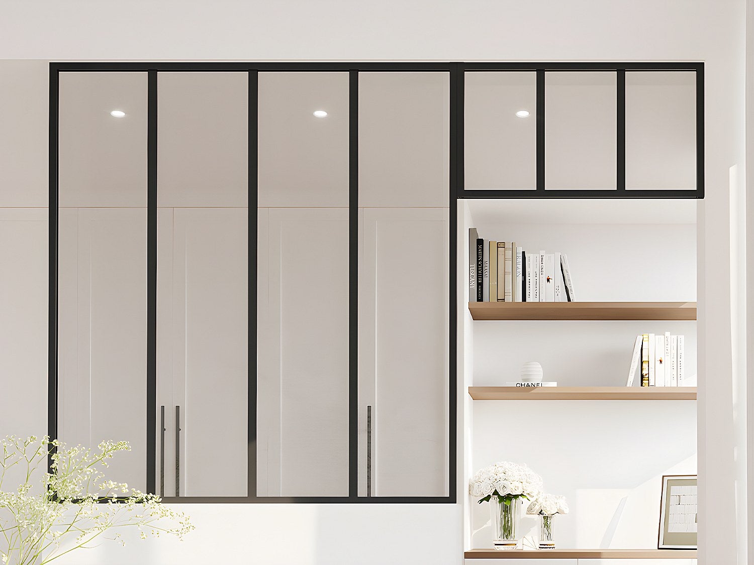 Cristalera estilo taller con travesaño de aluminio termolacado - ancho 120 x alt. 130 + ancho 73 x alt. 40 cm - negro - bayview