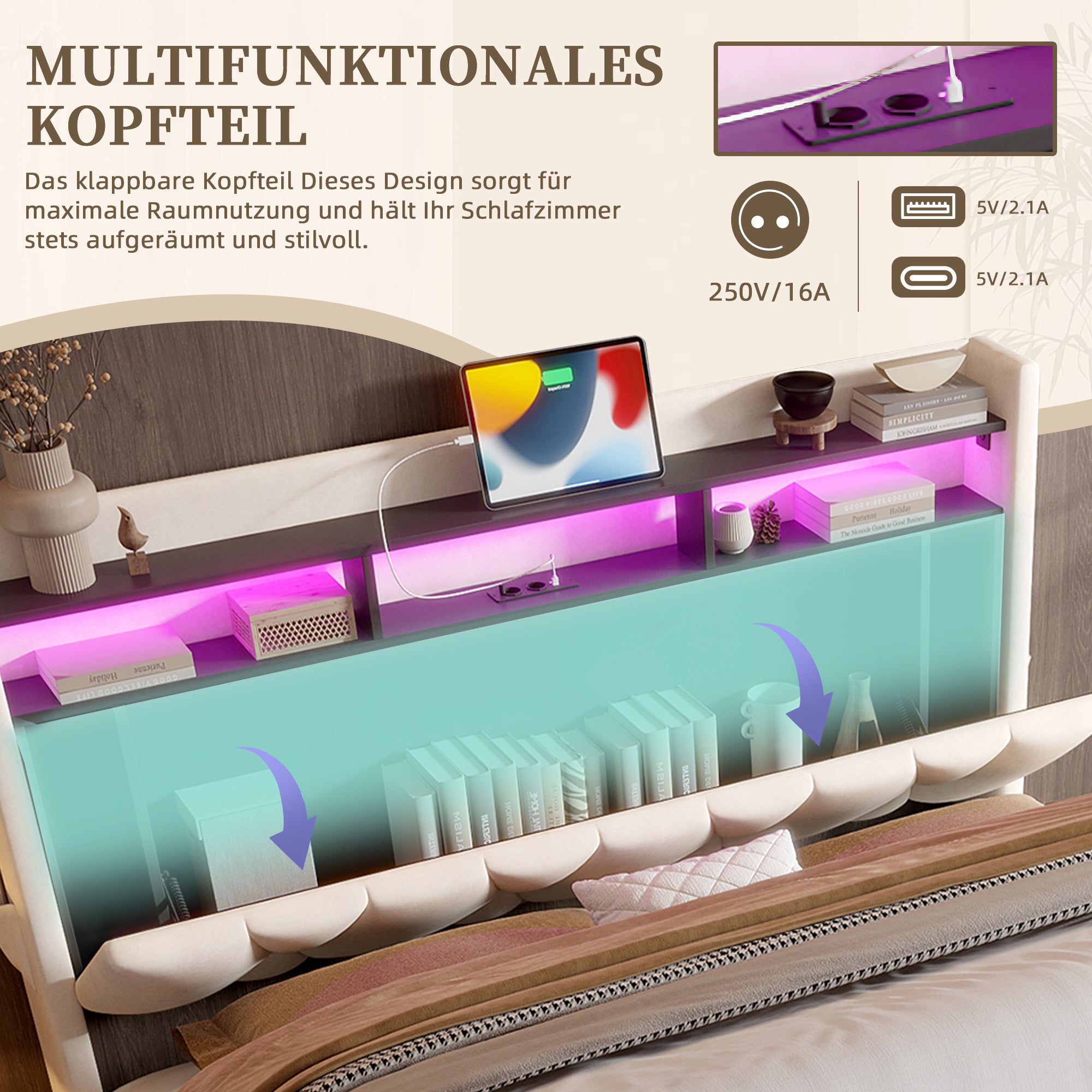 Lit coffre 140x200 cm avec LED, ports USB-C, tête de lit avec rangements, ouverture hydraulique, sans matelas, beige - 9