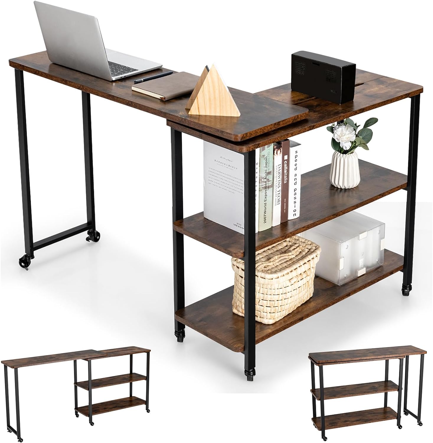 Petite Table Avec Étagères DlandHome 90x40cm - Bureau Compact Bois Noyer/Blanc Avec Rangement Pratique