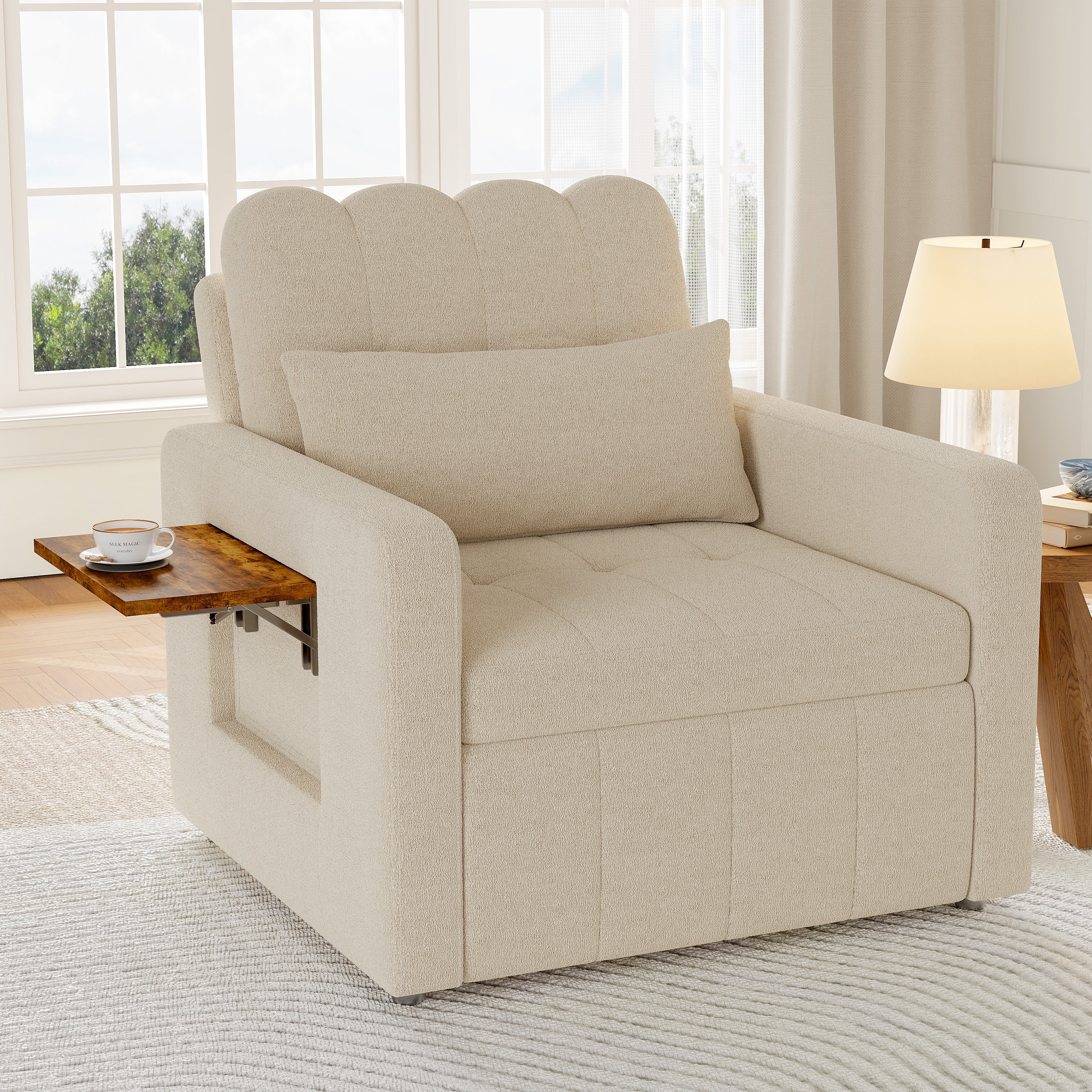 Canapé-lit 1 place pliant - fauteuil - dossier réglable, avec table d'appoint rabattable et poches latérales, tissu chenille - beige - 3