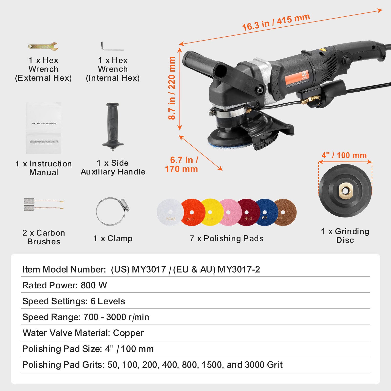 Polisseuse humide SucceBuy 800 W,meuleuse béton 4 po avec 6 vitesses et 7 kits de polissage,pour marbre,granit,pierre,roche,carrelage - 9