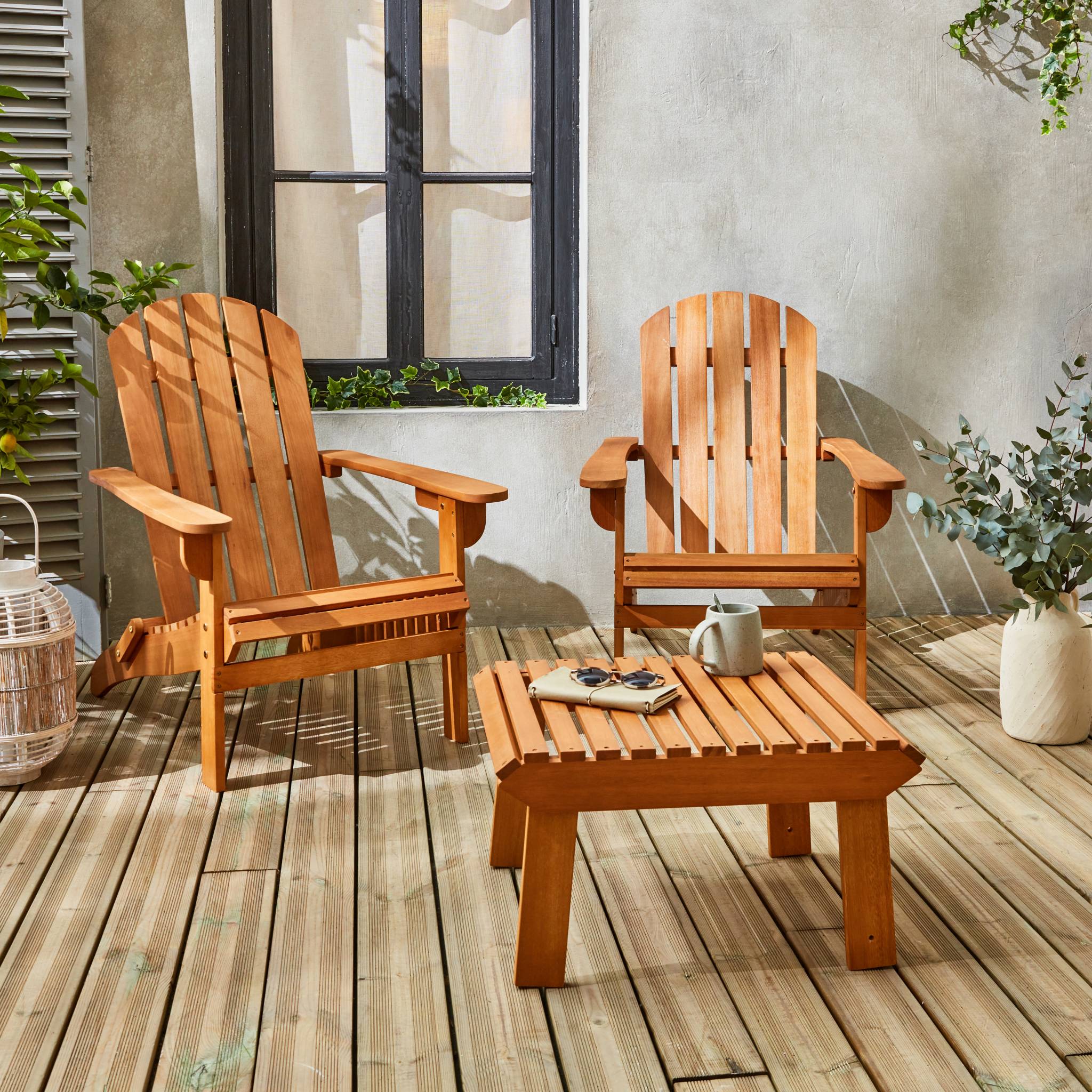 Lot de 2 fauteuils de jardin en bois avec un repose-pieds/table basse - Adirondack Salamanca - Eucalyptus. chaises de terrasse retro - 2