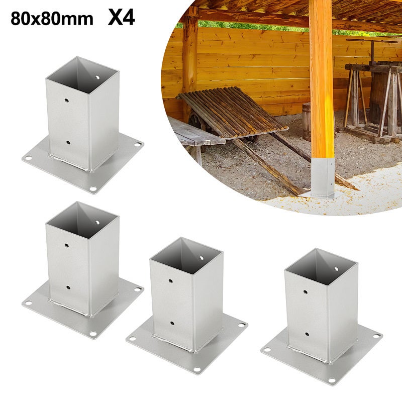 Kwadratowa stopa słupa ogrodowego, 4x drewniane słupy kwadratowe, wspornik słupa do ogrodzenia, wiaty i pergoli - 80 x 80 mm