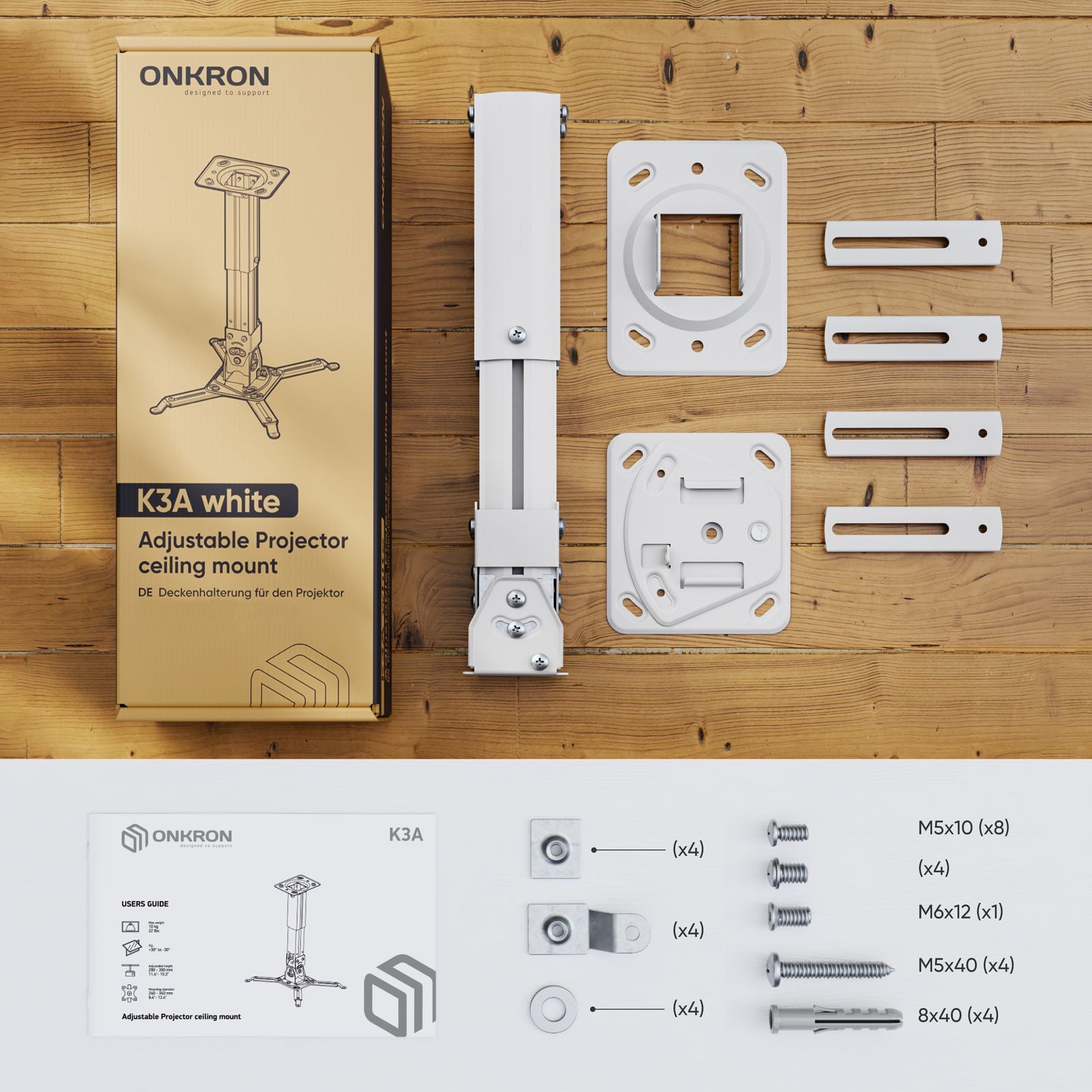 ONKRON Support de Projecteur Plafond/Mural jusqu'à 10 kg, Bras Inclinable et Pivotant, Support de Projecteur de Plafond K3A-Bianca - 7