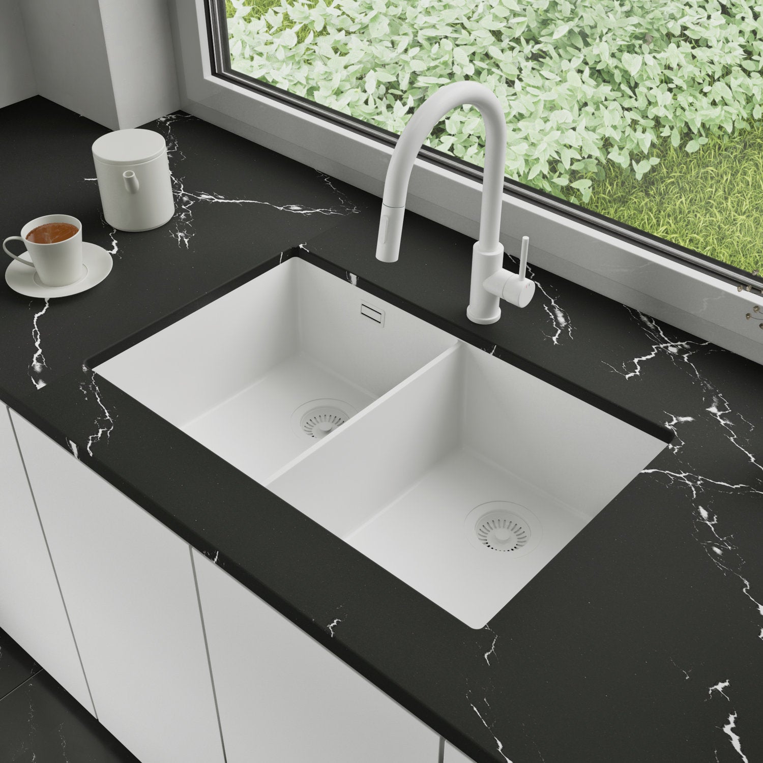 Zlewozmywak podblatowy 76x47cm, do szafki od 80cm + Bateria + Syfon - Agate Cały Biały STONESTYLE