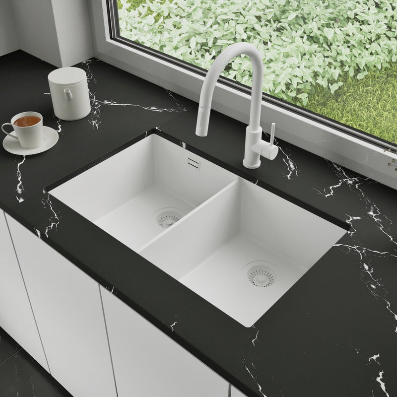 Zlewozmywak podblatowy 76x47cm, do szafki od 80cm + Bateria + Syfon - Agate Cały Biały STONESTYLE