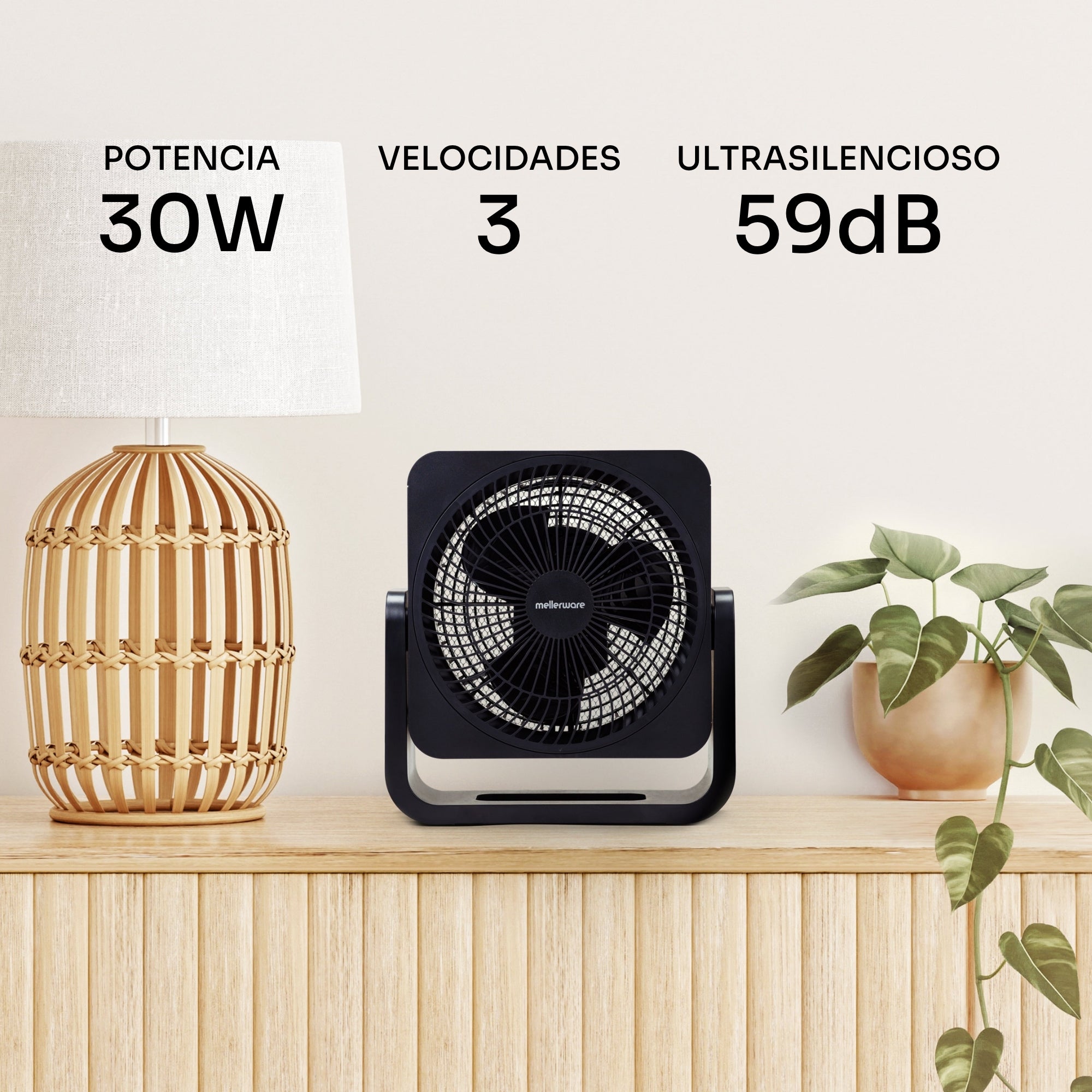 Ventilador de mesa silencioso Mellerware Air Power 30 | 30 W de potência | 3 velocidades | 3 pás | Fluxo de ar refrescante | Fácil de transportar | Al - 2