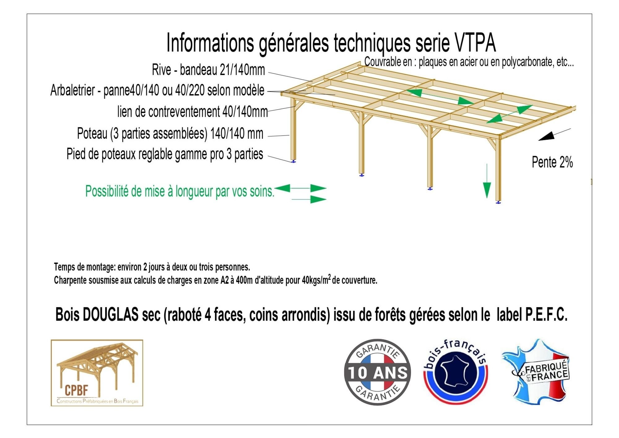Carport adossé toit plat 400cmx1050cm, bois DOUGLAS Français (Charpente en bois-auvent-abri voiture) 42 m². Garantie 10 ans - 3