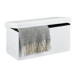 Pouf Portaoggetti Pieghevole In Ecopelle, Panca Contenitore Con Strass, Bianco, Dimensioni 76x38 Cm - 2