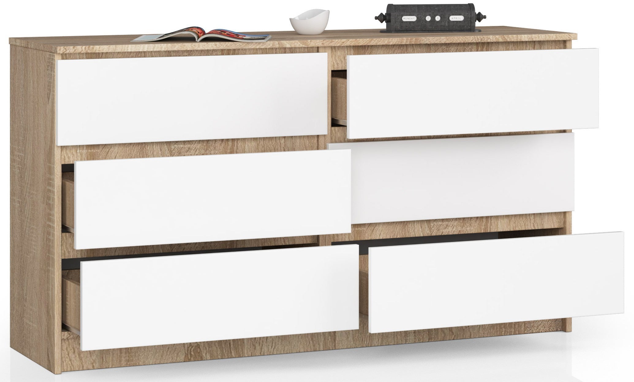 Commode AKORD K140 Chêne Sonoma 138 cm 6 tiroirs façade Blanche 138x40x77 cm - 2