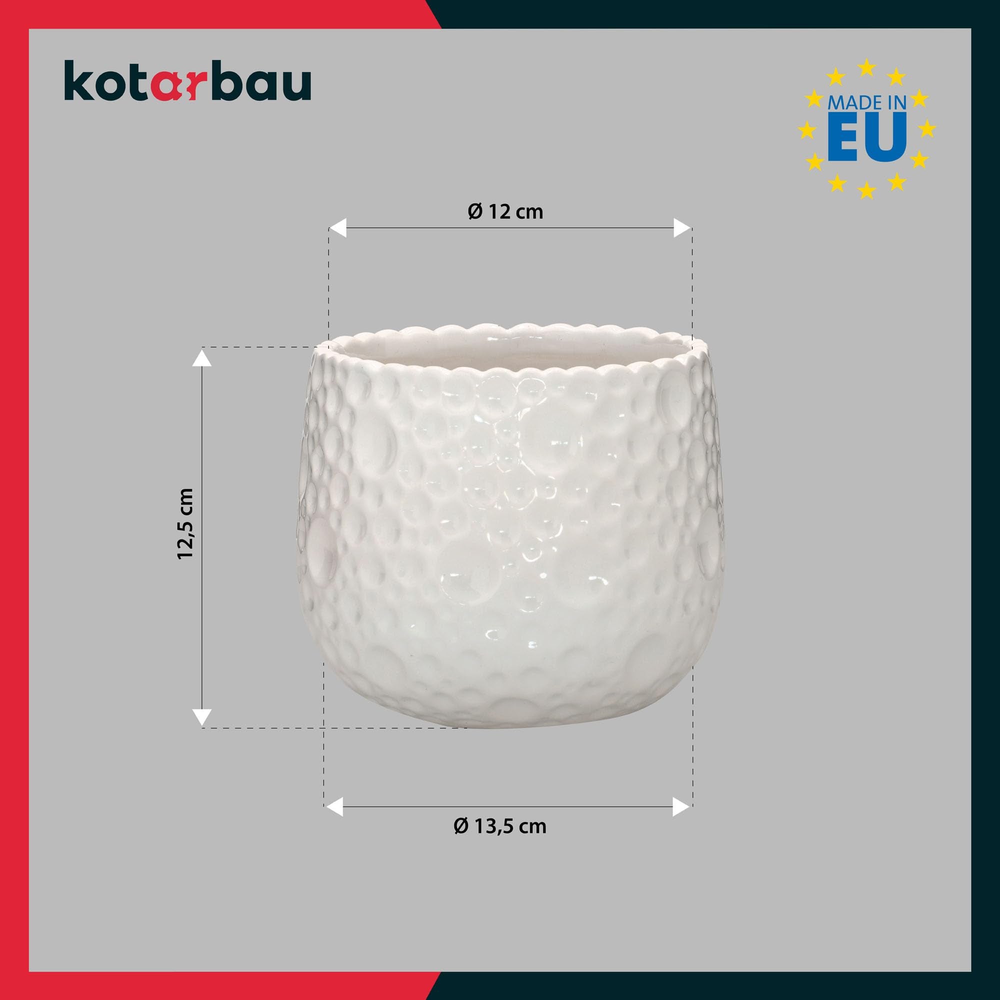 Lot de 2 Pots de Fleurs Ronds en Céramique, Diamètre : 12 cm, Hauteur : 12,5 cm, Blanc, Cache-Pot pour Plantes d'Intérieur - KOTARBAU - 3