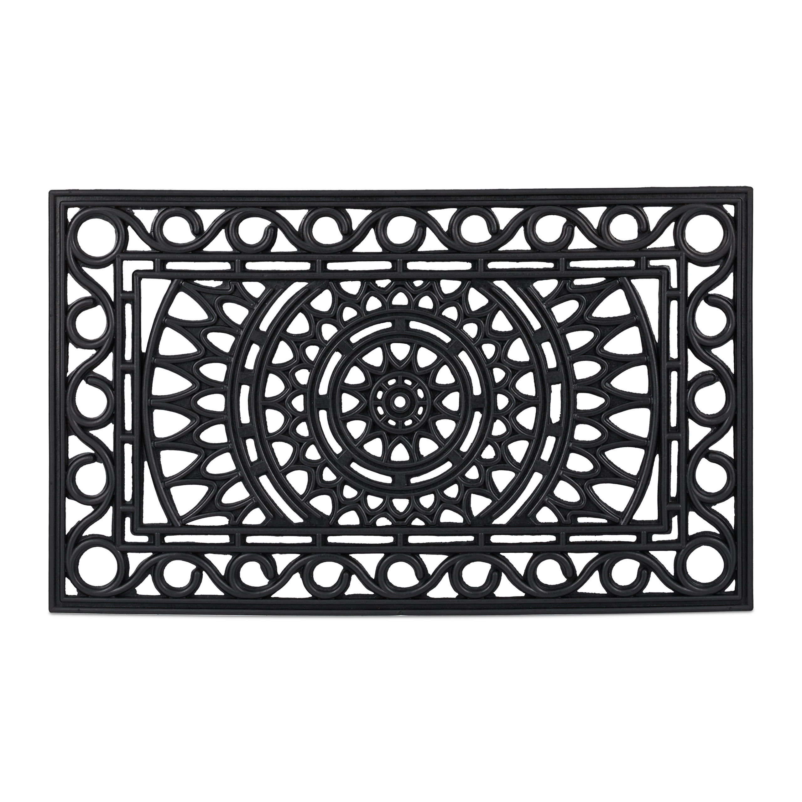 Relaxdays felpudo goma, 45 x 75 cm, antideslizante, resistente a intemperie, diseño sol, interior y exterior, negro
