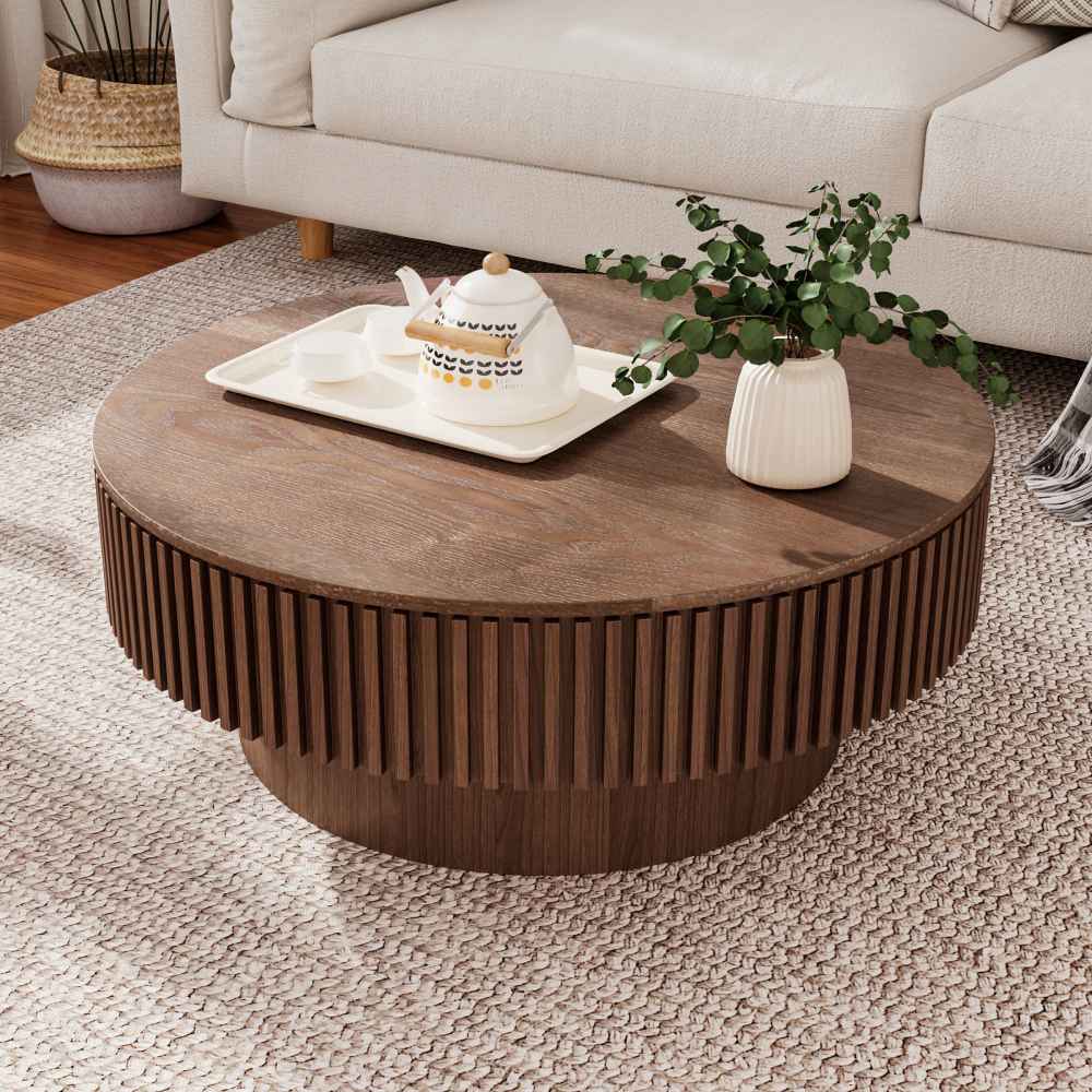 Table basse ronde 75 cm avec rangement, plateau en bois massif plaqué, design moderne et fonctionnel pour salon, chambre ou bureau - 2