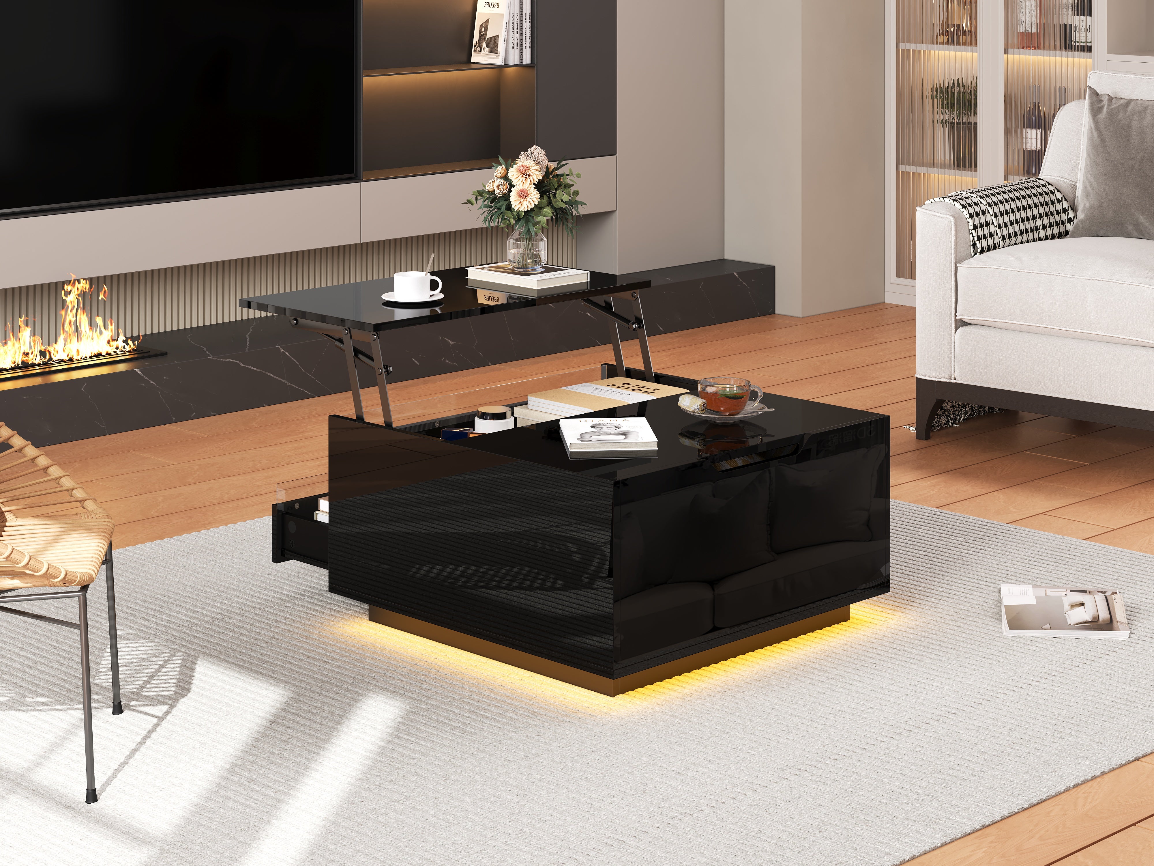 Table basse carrée avec plateau relevable et 1 tiroir - 70 x 70 x 38 cm - LEDs - Panneau de particules - Noir brillant - 6