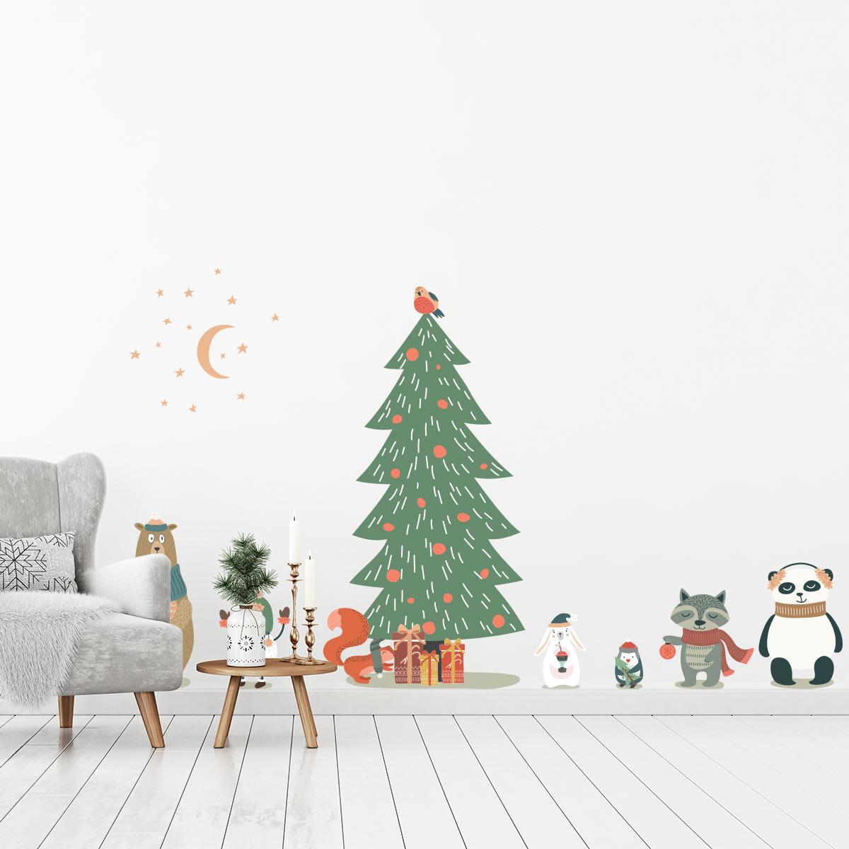Stickers Noël animaux enchantés - Autocollants stickers adhésifs noël - décoration fêtes - 90x60cm - 4