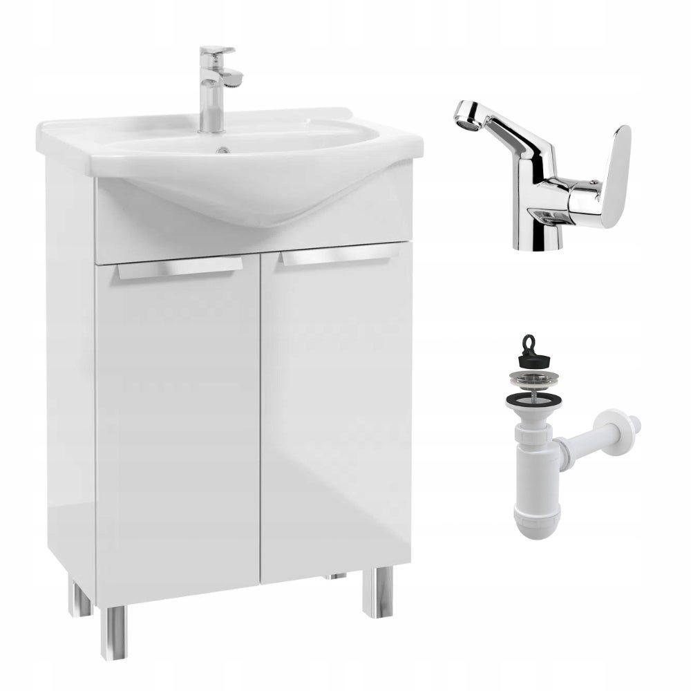 Szafka Łazienkowa Biała z Umywalką 50 Stojąca Bateria Deante Chrom Boczna