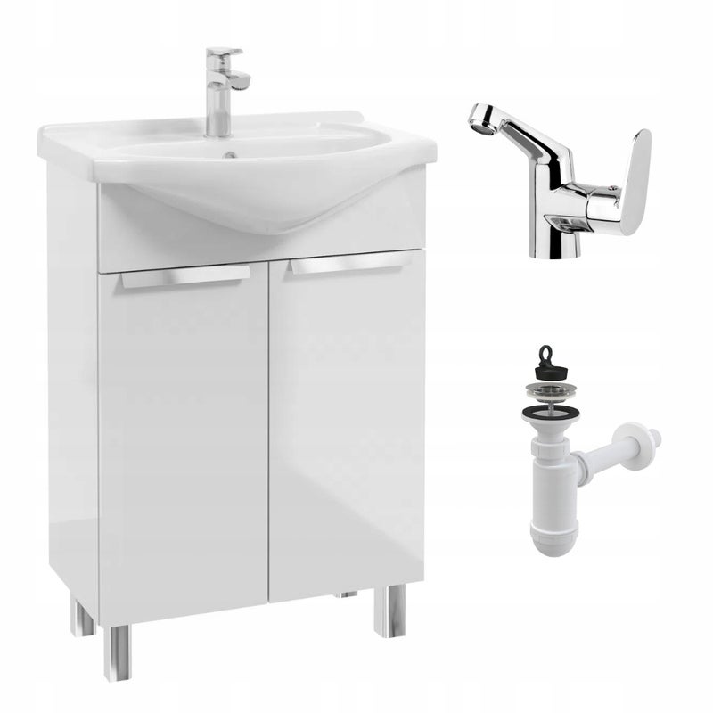 Szafka Łazienkowa Biała z Umywalką 50 Stojąca Bateria Deante Chrom Boczna