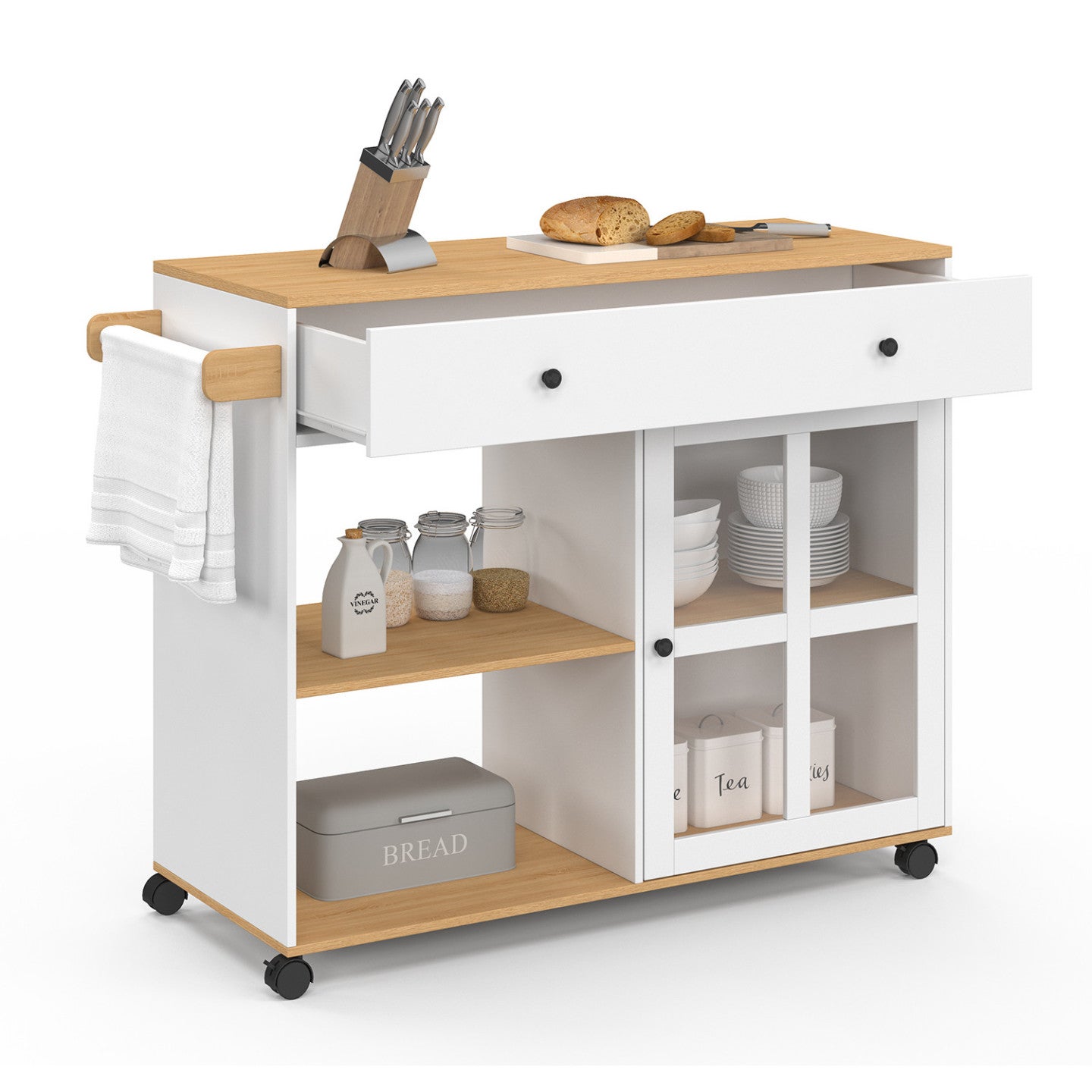 Desserte de cuisine ACHILLE XXL avec étagère et placard vitré bois et blanc L.100 CM - 4