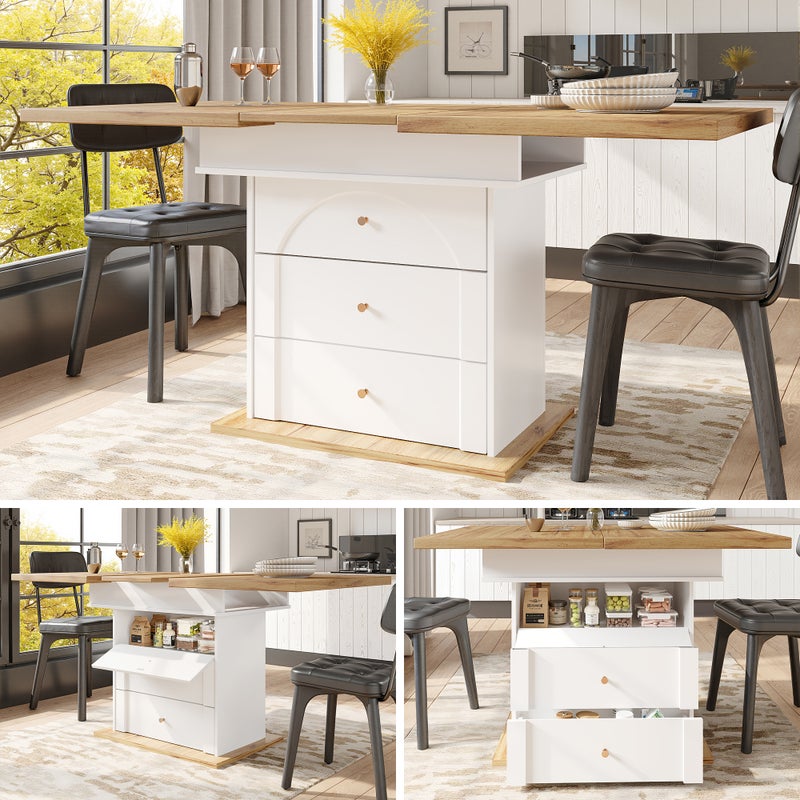 Rozkładany stół jadalny dla 4-6 osób z 1 drzwiami i 2 szufladami - 110/140 x 80 x 75 cm - MDF - Biały + naturalny