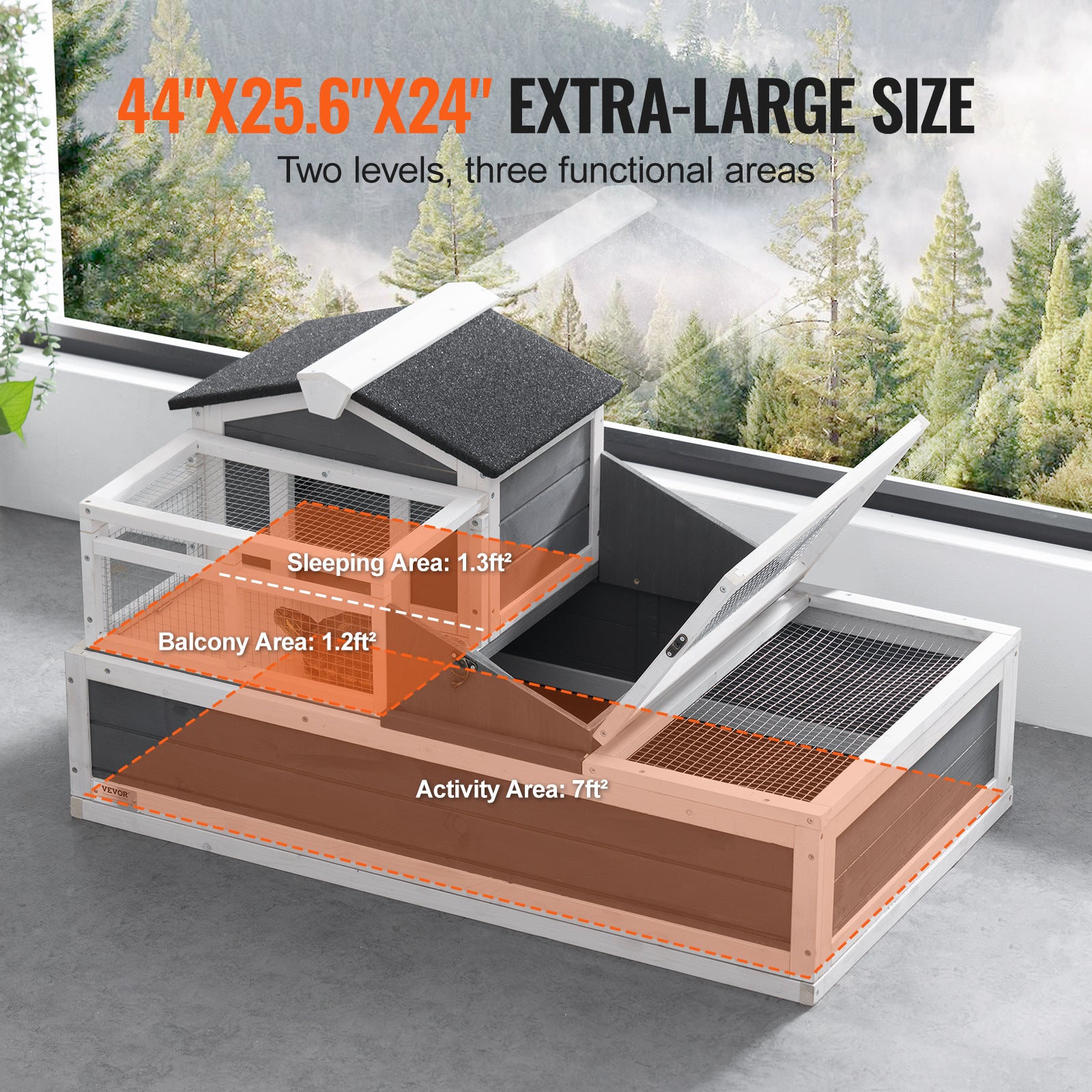 Turtle House,habitat VEVOR 3 pièces,terrasse surélevée,enclos pour reptiles en bois sur 2 étages avec rampe,palette,toit battant - 3