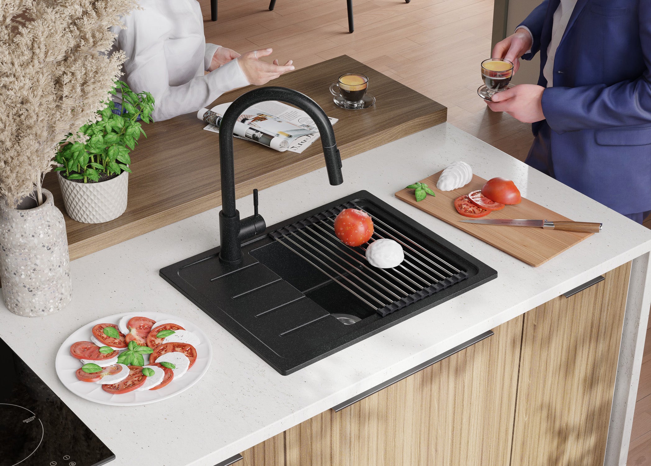 Evier Cuisine en Granit Graphite 55x44cm, Lavabo 1 bac + Kit de Vidage, Évier à Encastrer au meuble 45cm - Copenhague Easy PRIMAGRAN - 4
