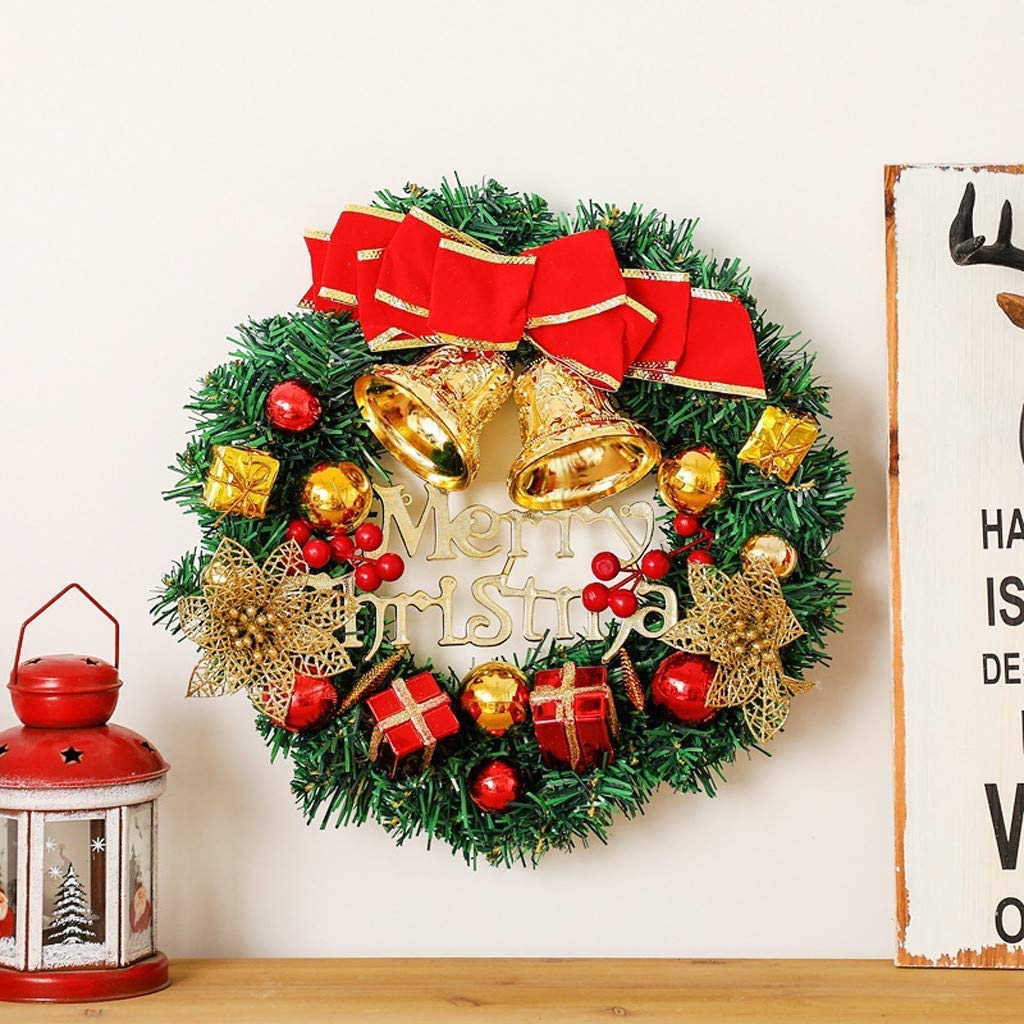 Corona navideña de 30 cm con adornos y lazo, decoración navideña, corona navideña artificial para puerta con campanas, guirnalda de Feliz Navidad - 3