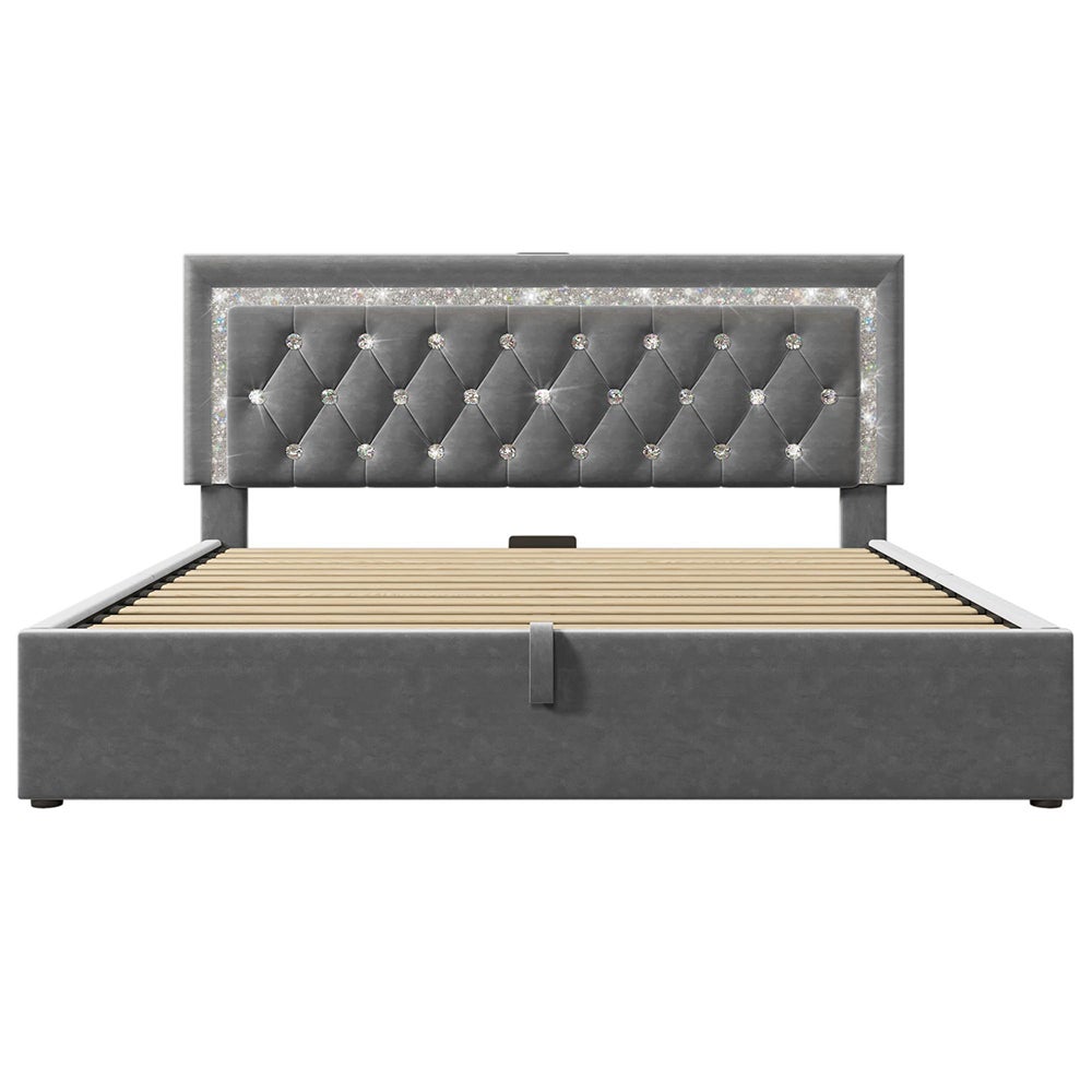 Cama tapizada, cabecero con tira LED en forma de diamante, estación de carga USB y Type-C, terciopelo, gris (sin colchón) - 140 x 200 cm - 5