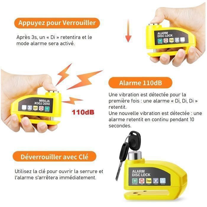 Antivol Moto Bloque Disque , 110dB Alarme Antivol Scooter Bloc Disque pour Moto/Trotinette/Vélo, 1.2m Câble Rappel + 2 Clés - 3