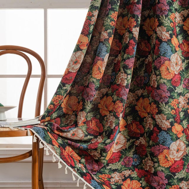 Rideaux Boho Fleuris 86 Pouces, 2 Panneaux Semi-Transparents à Passette avec Franges, Filtrent la Lumière