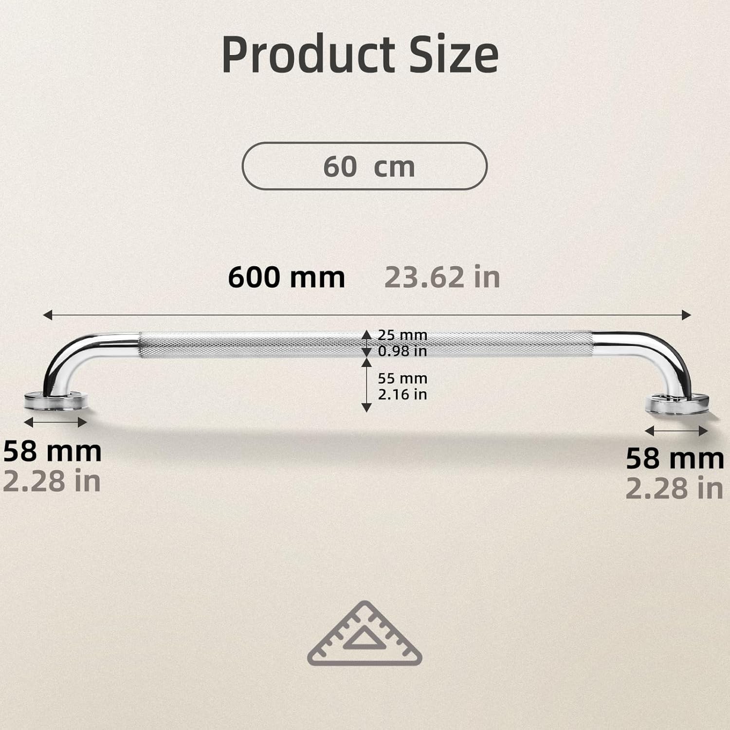 Corrimão de banheiro de aço inoxidável, corrimão de segurança antiderrapante para idosos, banheira e escadas, 60 cm - 2