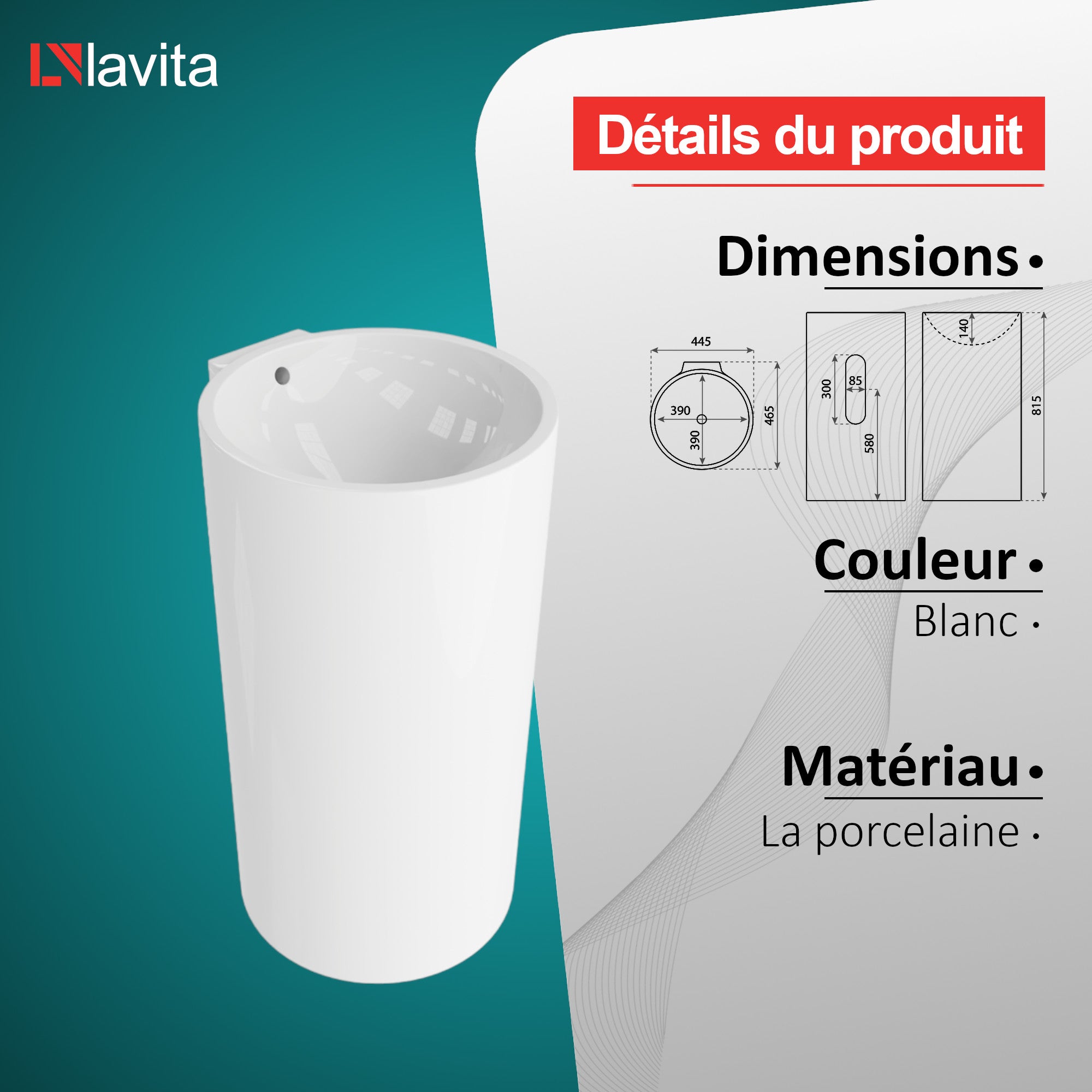 Lavabo indépendant LAVITA | Vasque autoportante élégante | Produit en porcelaine de haute qualité | ronde |44,5x46,5x81,5 cm | Blanc brillant - 3