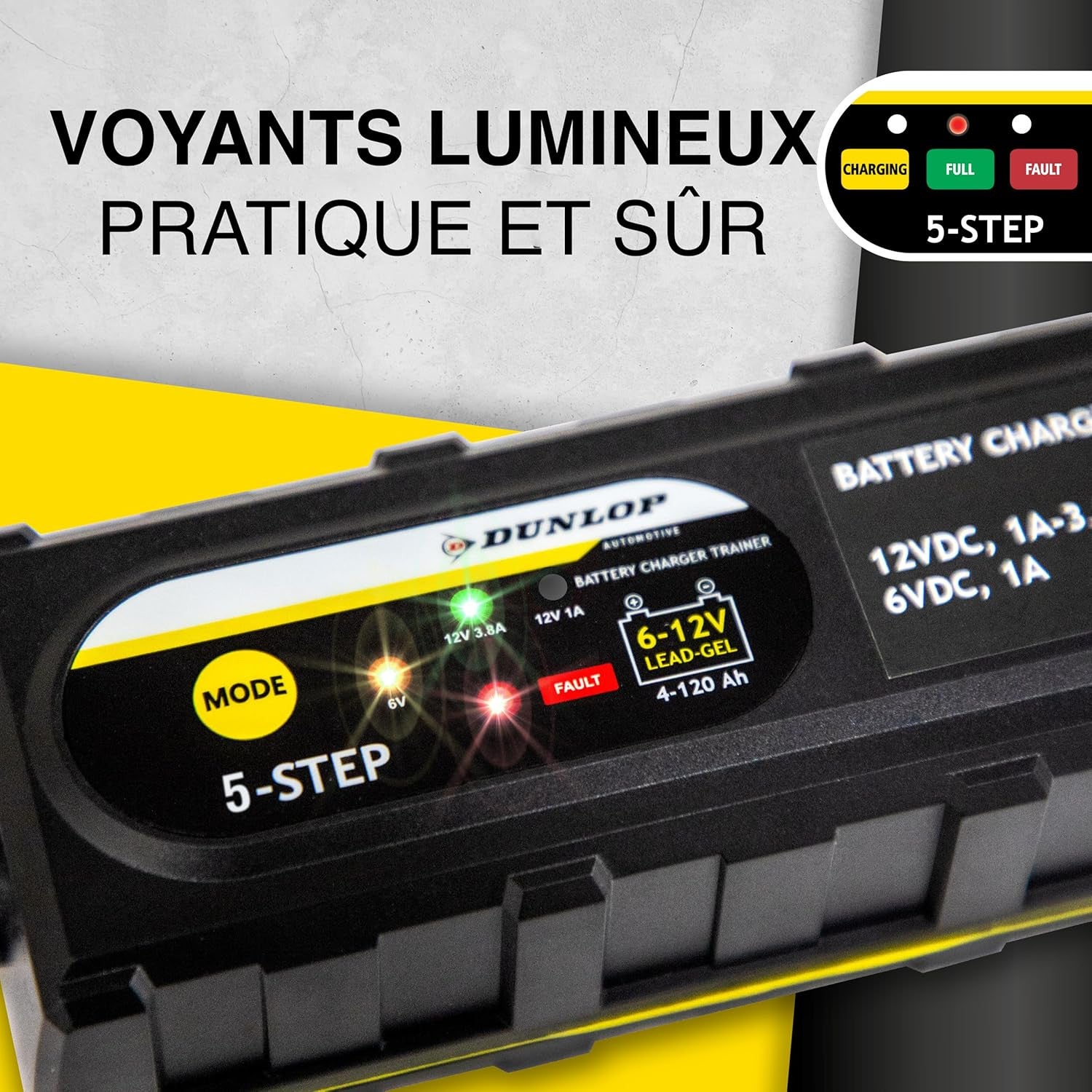 DUNLOP Chargeur Intelligent 1A 12V - Chargeur Batterie Voiture & Moto, Gel & Standard, Charge Auto 5 Étapes, Sécurisé & Facile - 4